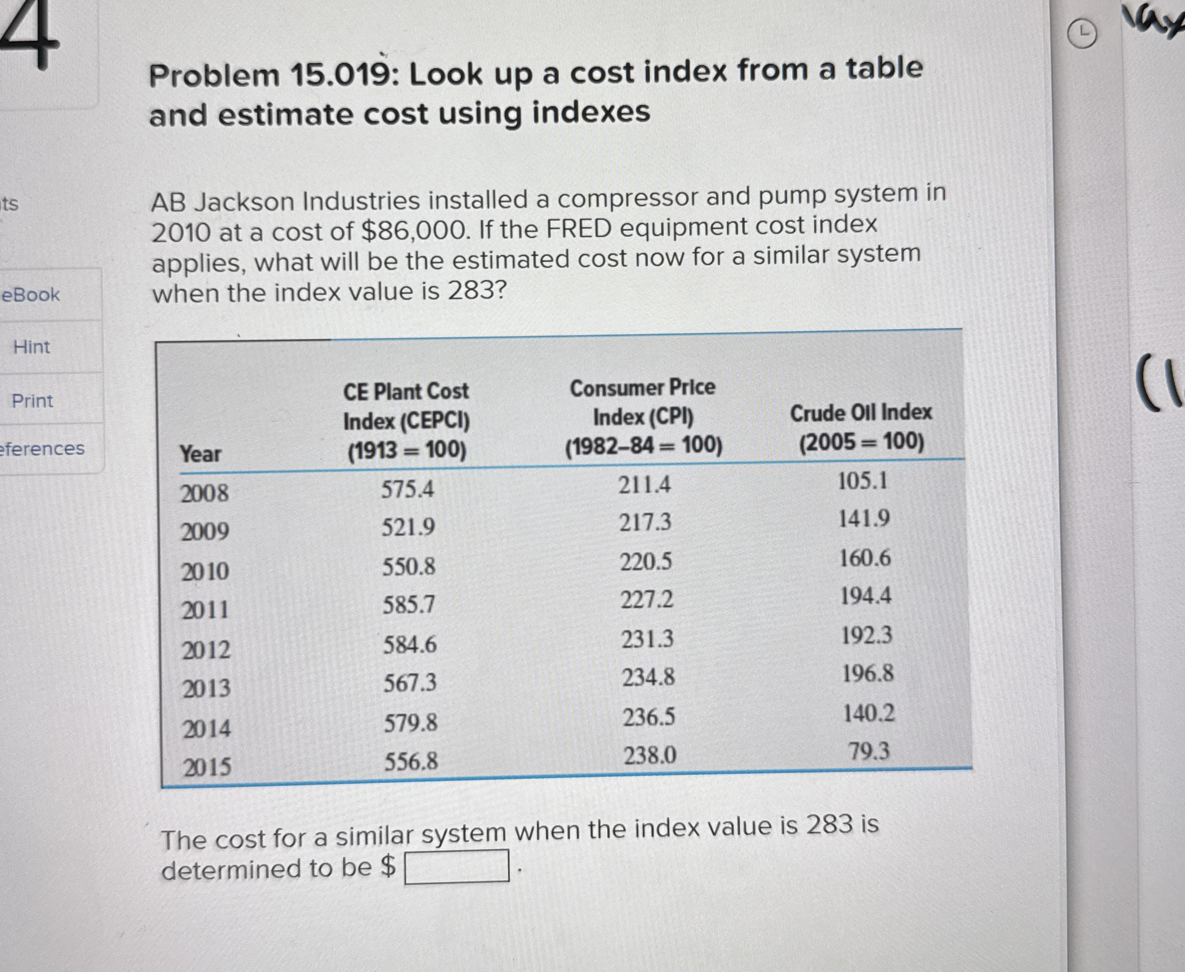 4 Problem 1 5 . 0 1 9 : Look up a cost index from