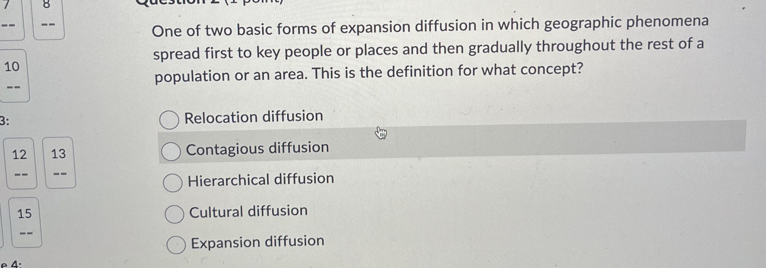 One of two basic forms of expansion diffusion in