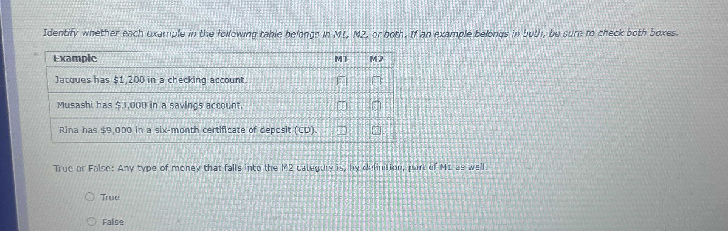 Identify whether each example in the following