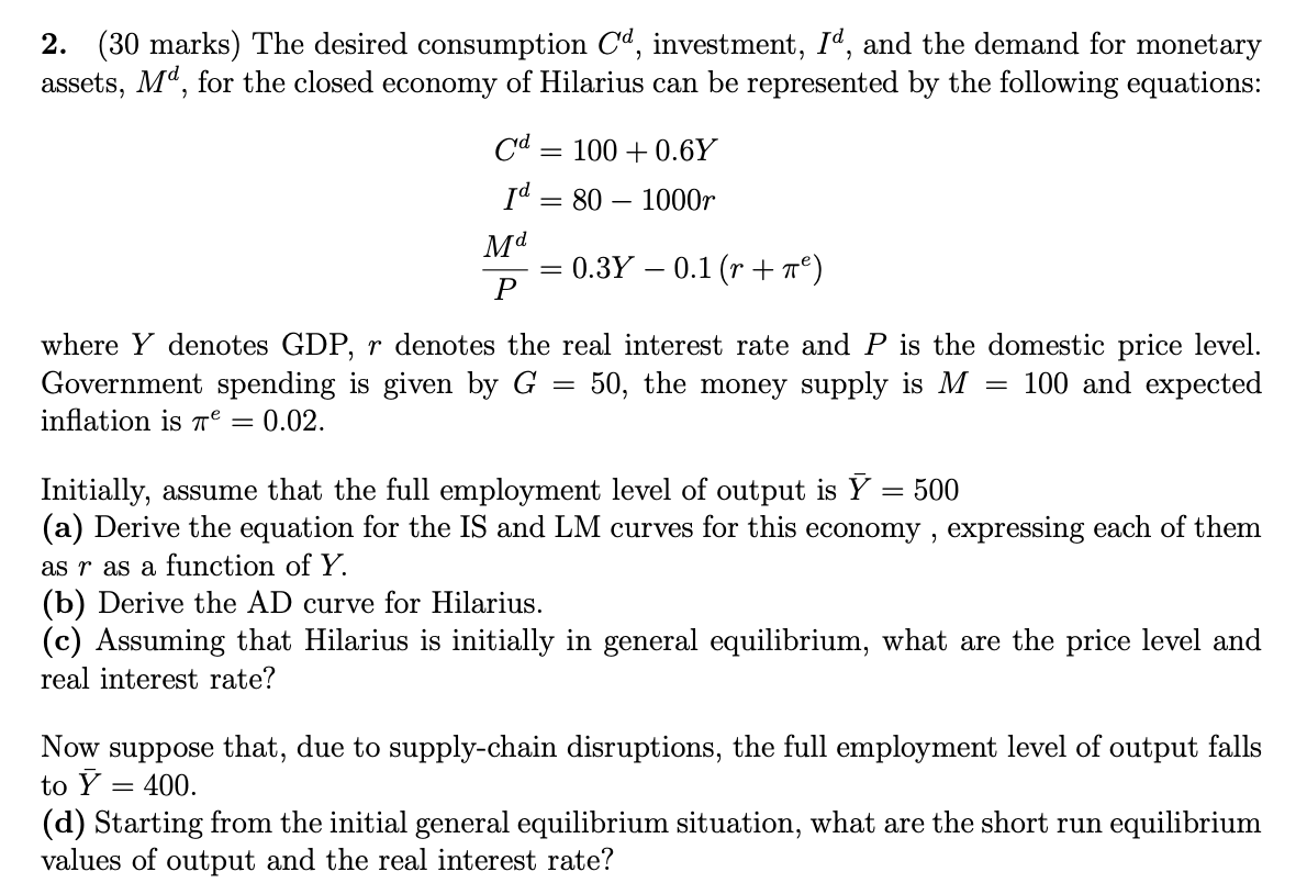 ( 3 0 marks ) The desired consumption C d ,