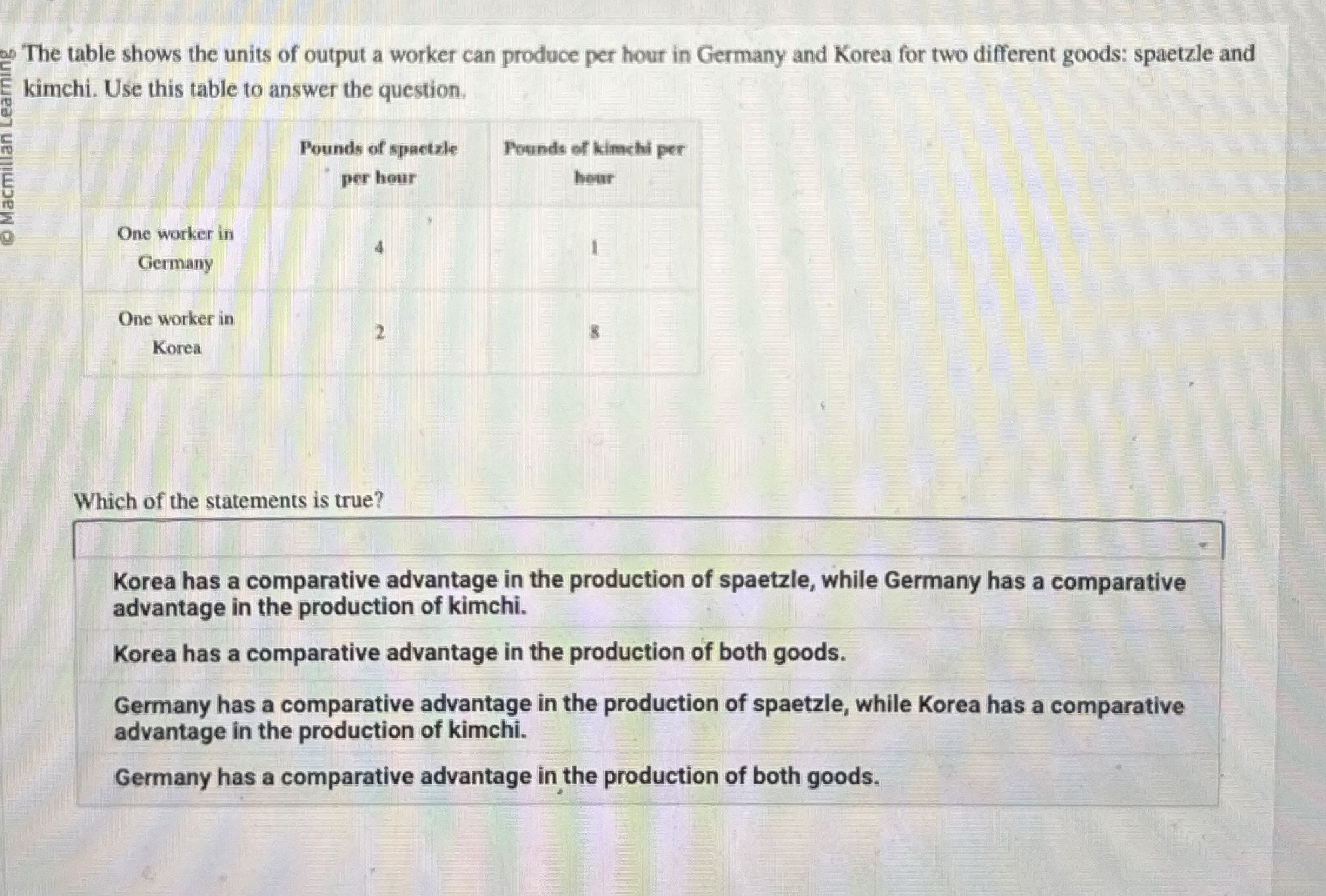 The table shows the units of output a worker can