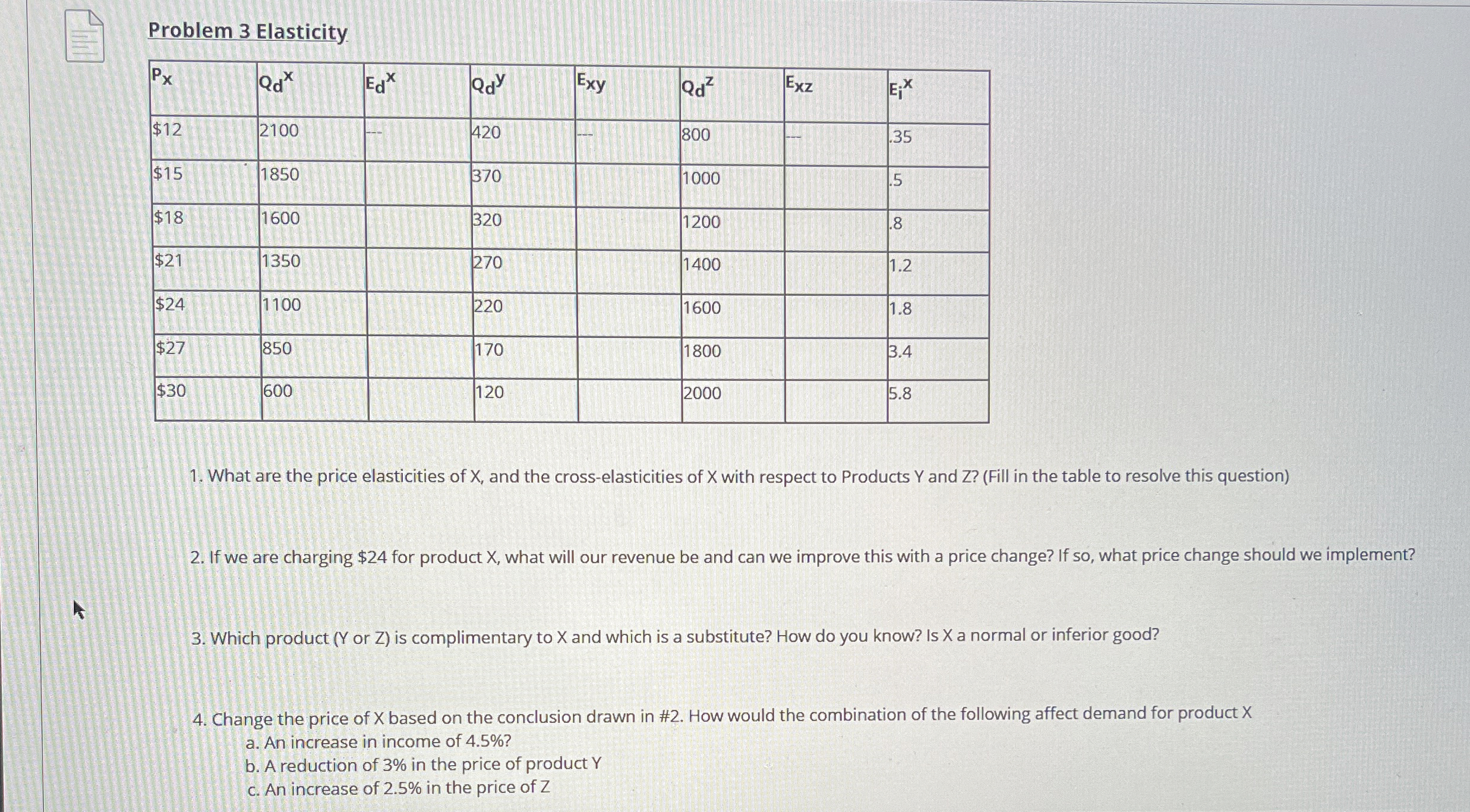 Problem 3 Elasticity \ table [ [ P x , Q d x , E