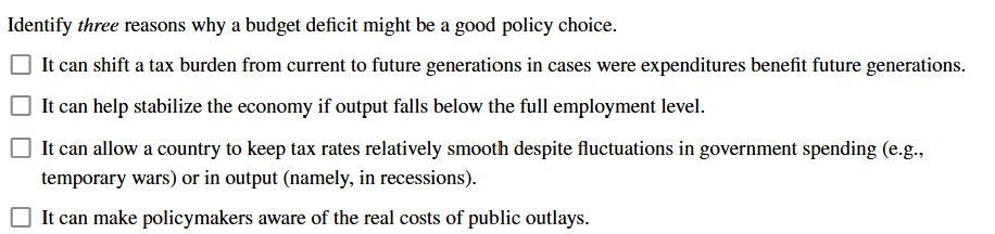 Identify three reasons why a budget deficit might