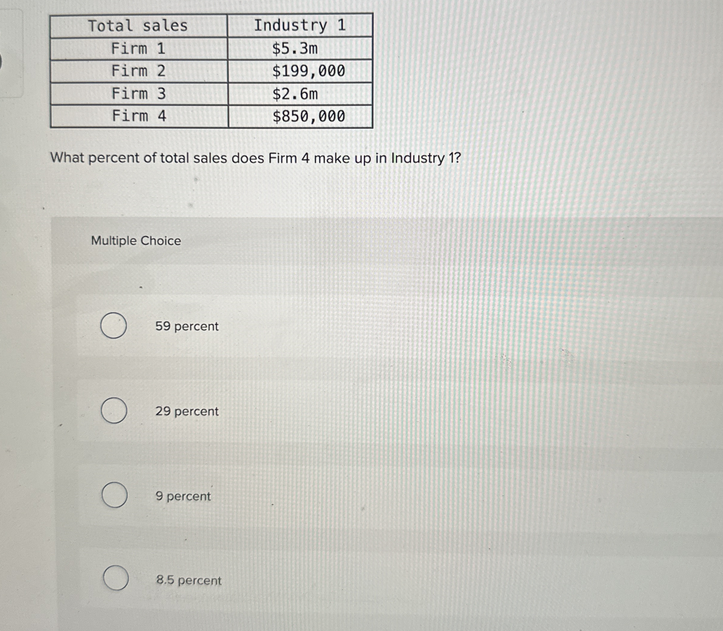 \ table [ [ Total sales,Industry 1 ] , [ Firm 1 ,