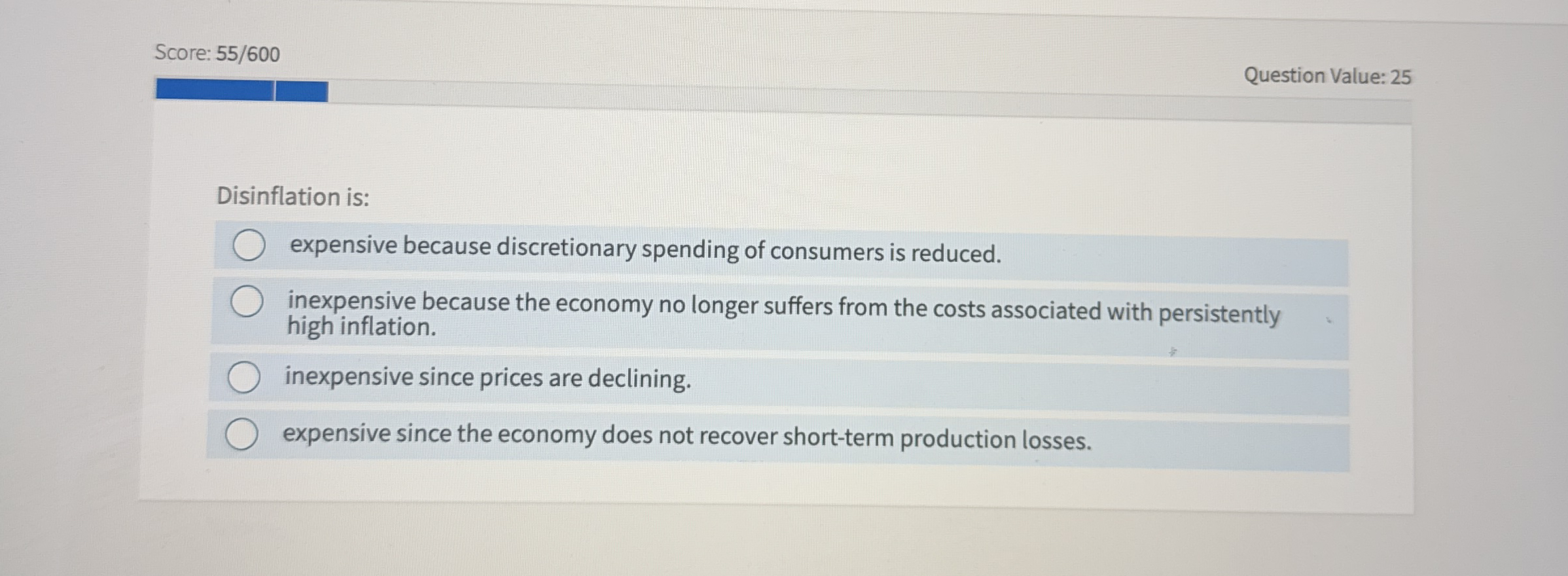 Score: 5 5 / 6 0 0 Question Value: 2 5