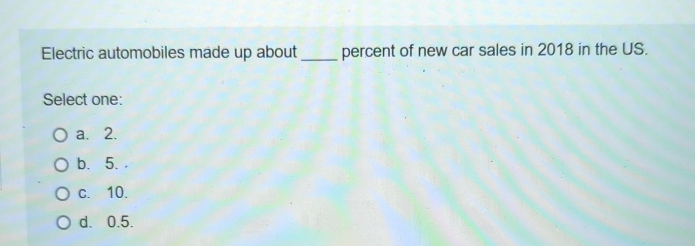 Electric automobiles made up about percent of new