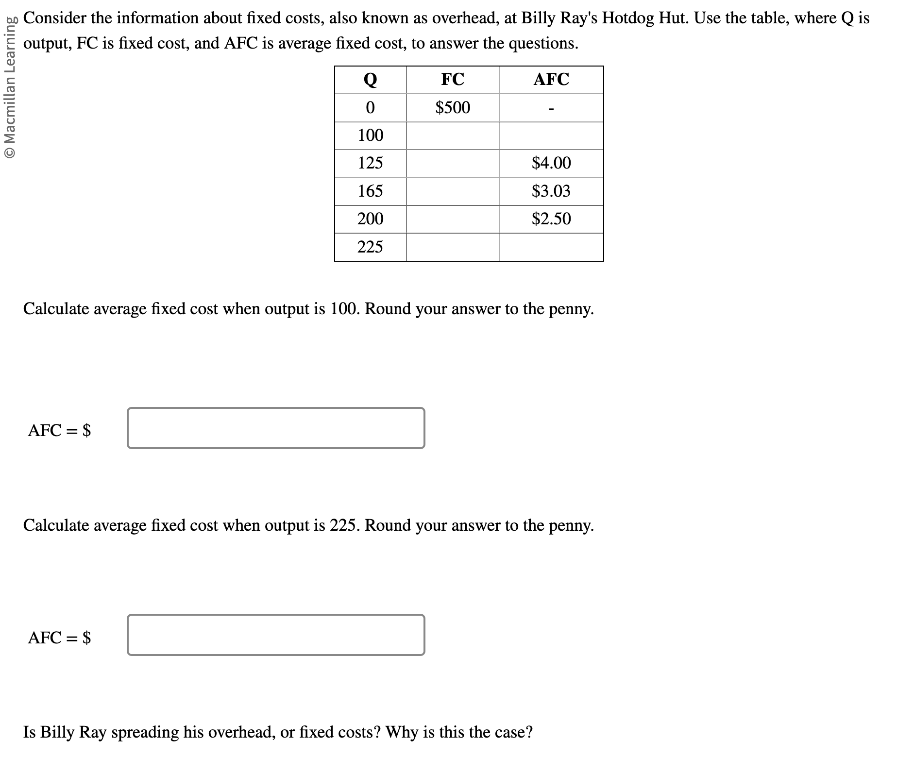 Calculate average fixed cost when output is 1 0 0