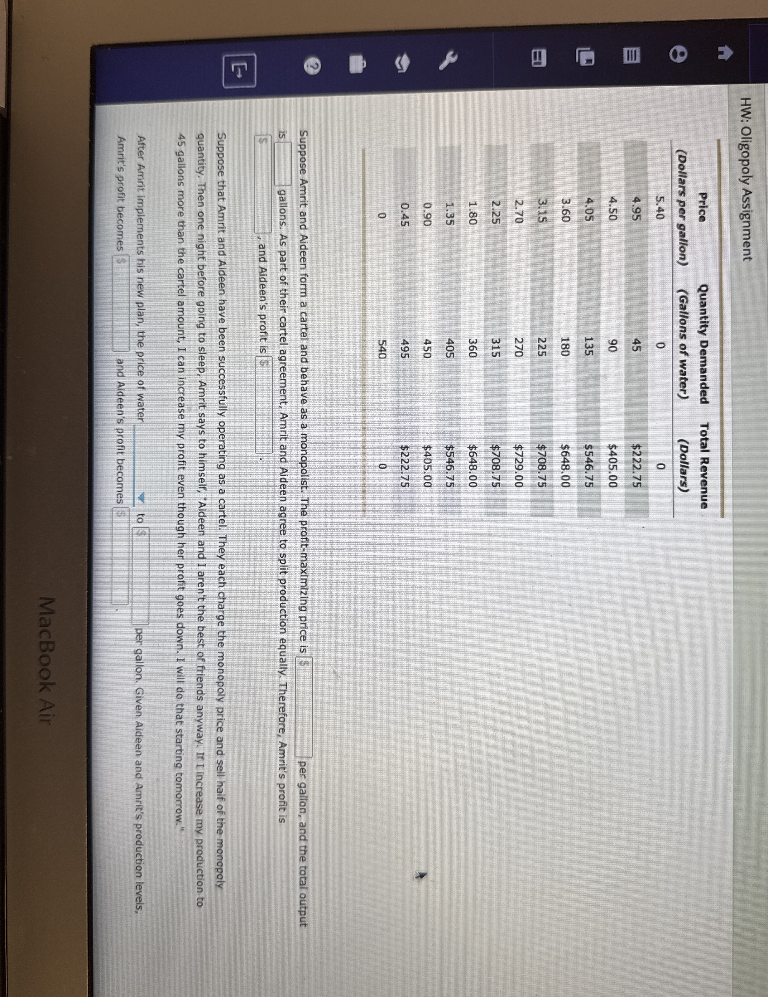 HW: Oligopoly Assignment \ table [ [ \ table [ [