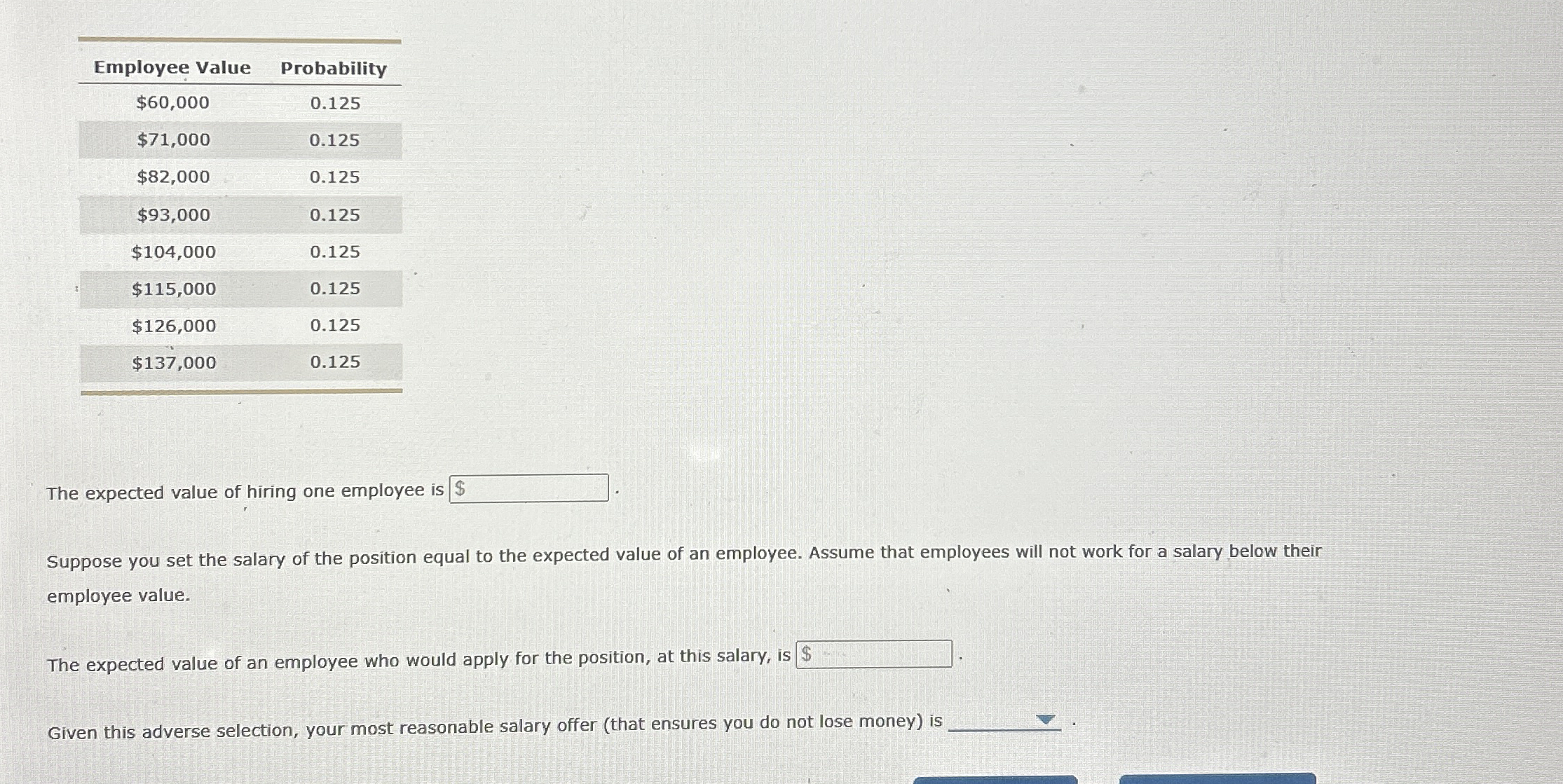 \ table [ [ Employee Value,Probability ] , [ $ 6
