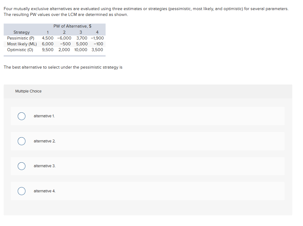 Four mutually exclusive alternatives are