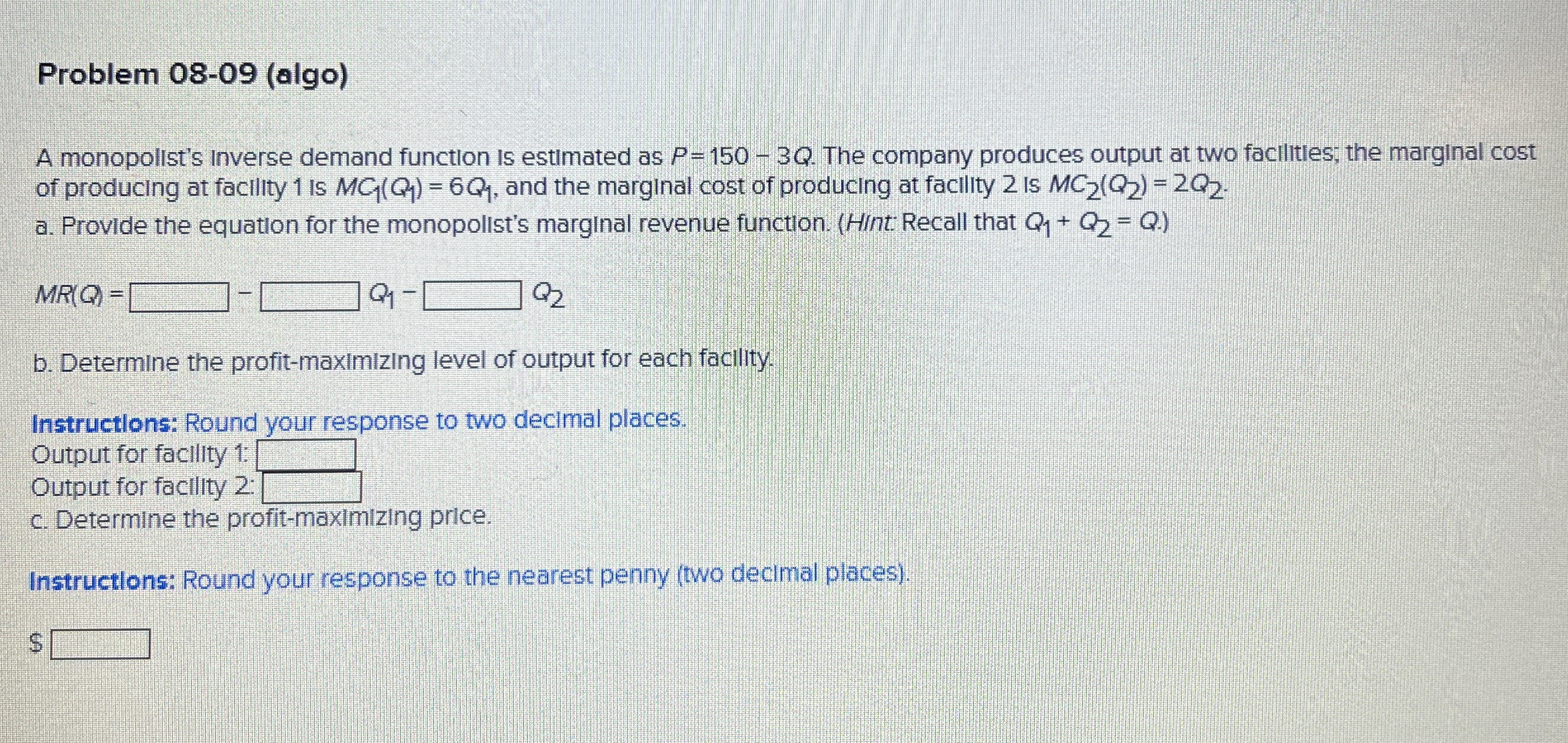 Problem 0 8 - 0 9 ( algo ) A monopolist's inverse