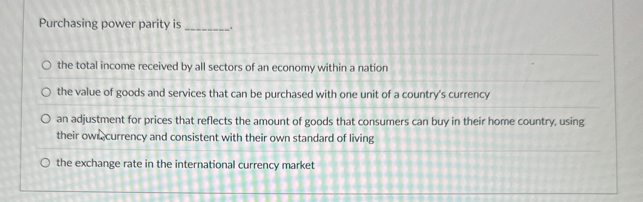 Purchasing power parity is the total income