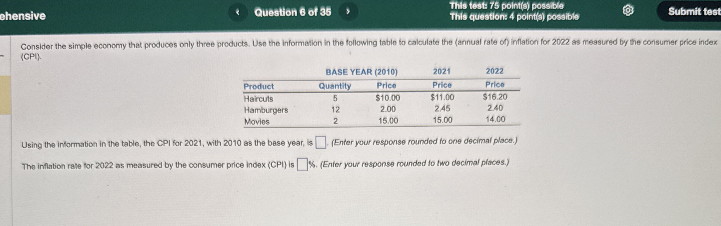 ehensive Question 6 of 3 5 This test: 7 5 point (