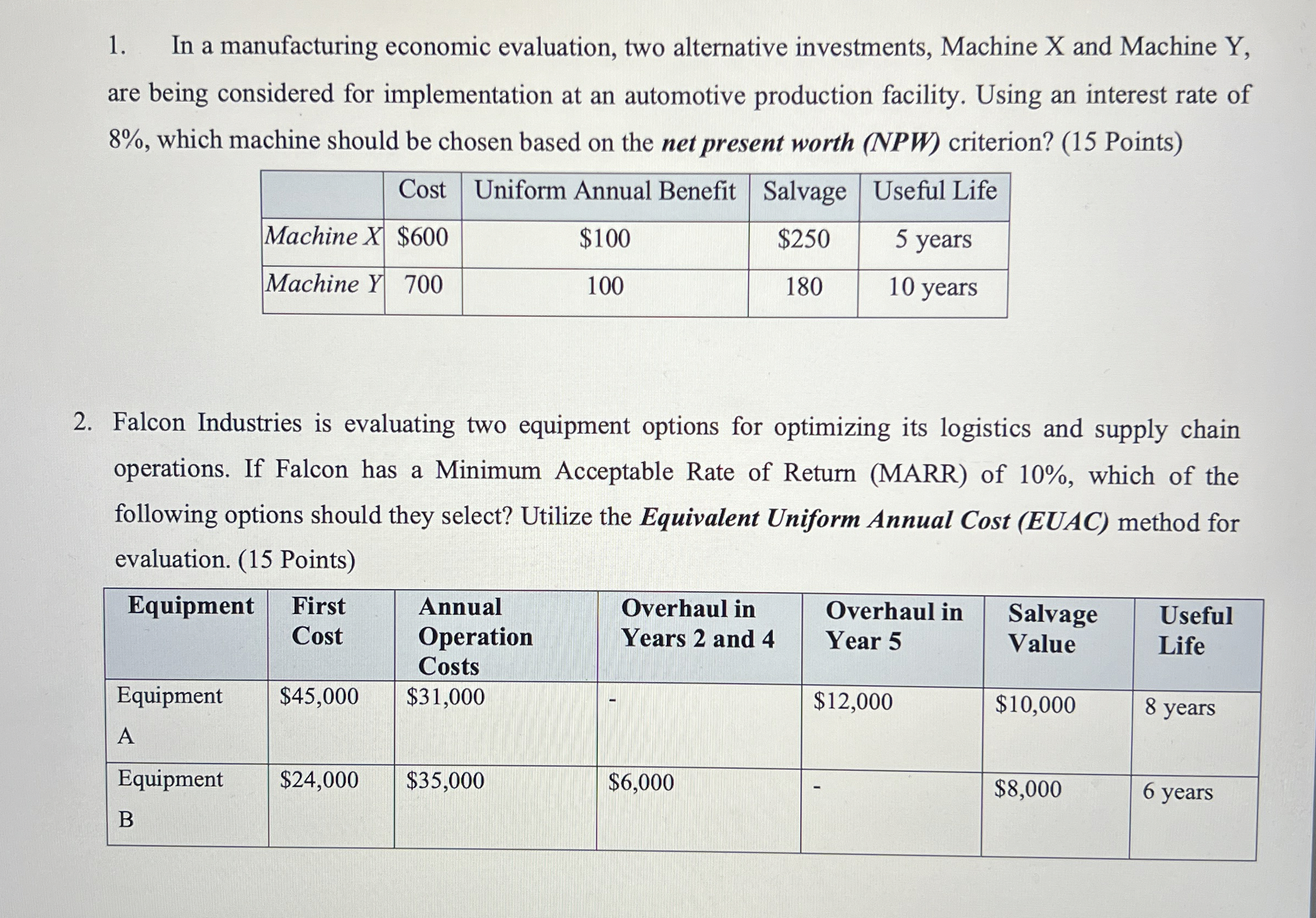 In a manufacturing economic evaluation, two