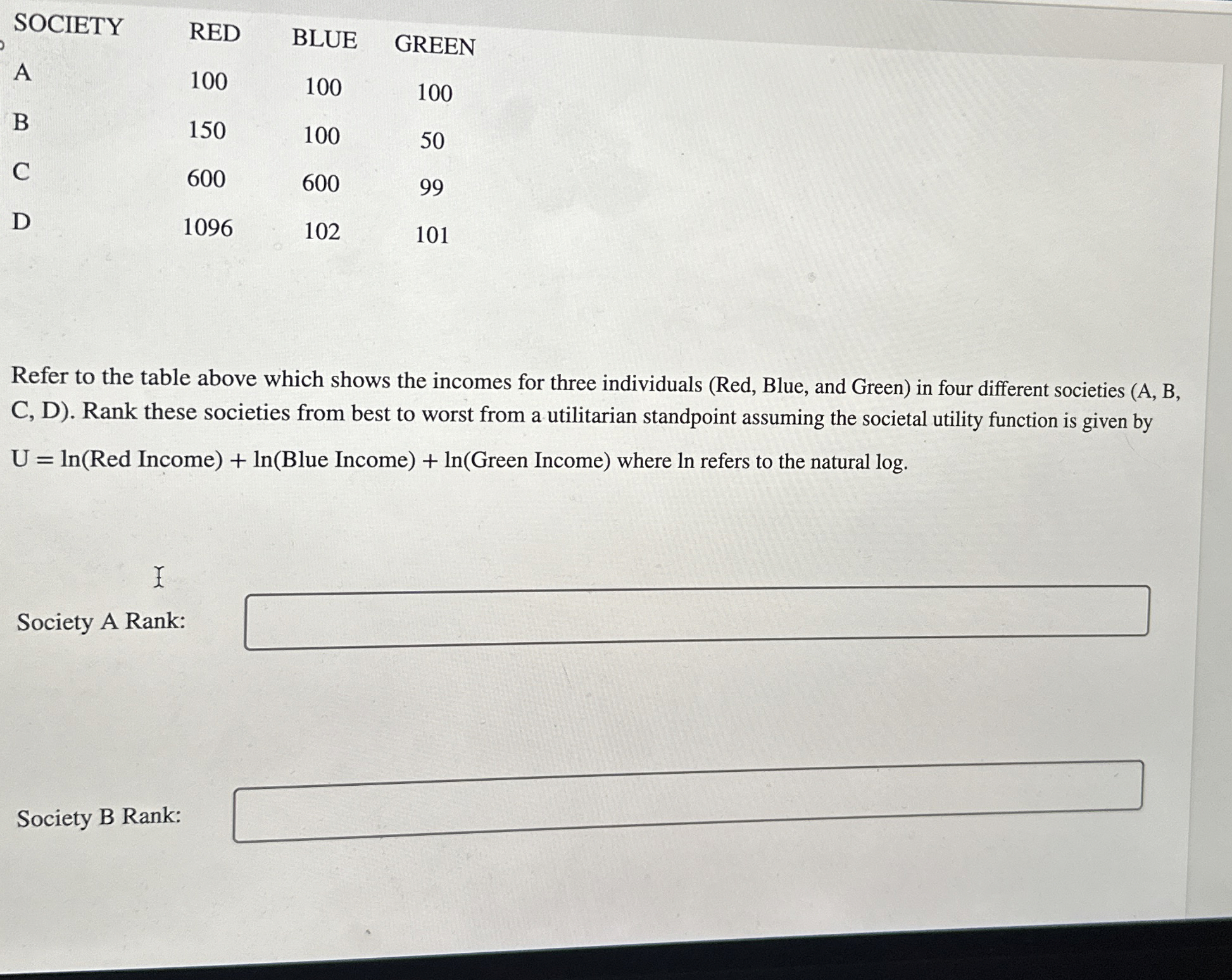 \ table [ [ SOCIETY , RED,BLUE,GREEN ] , [ A , 1