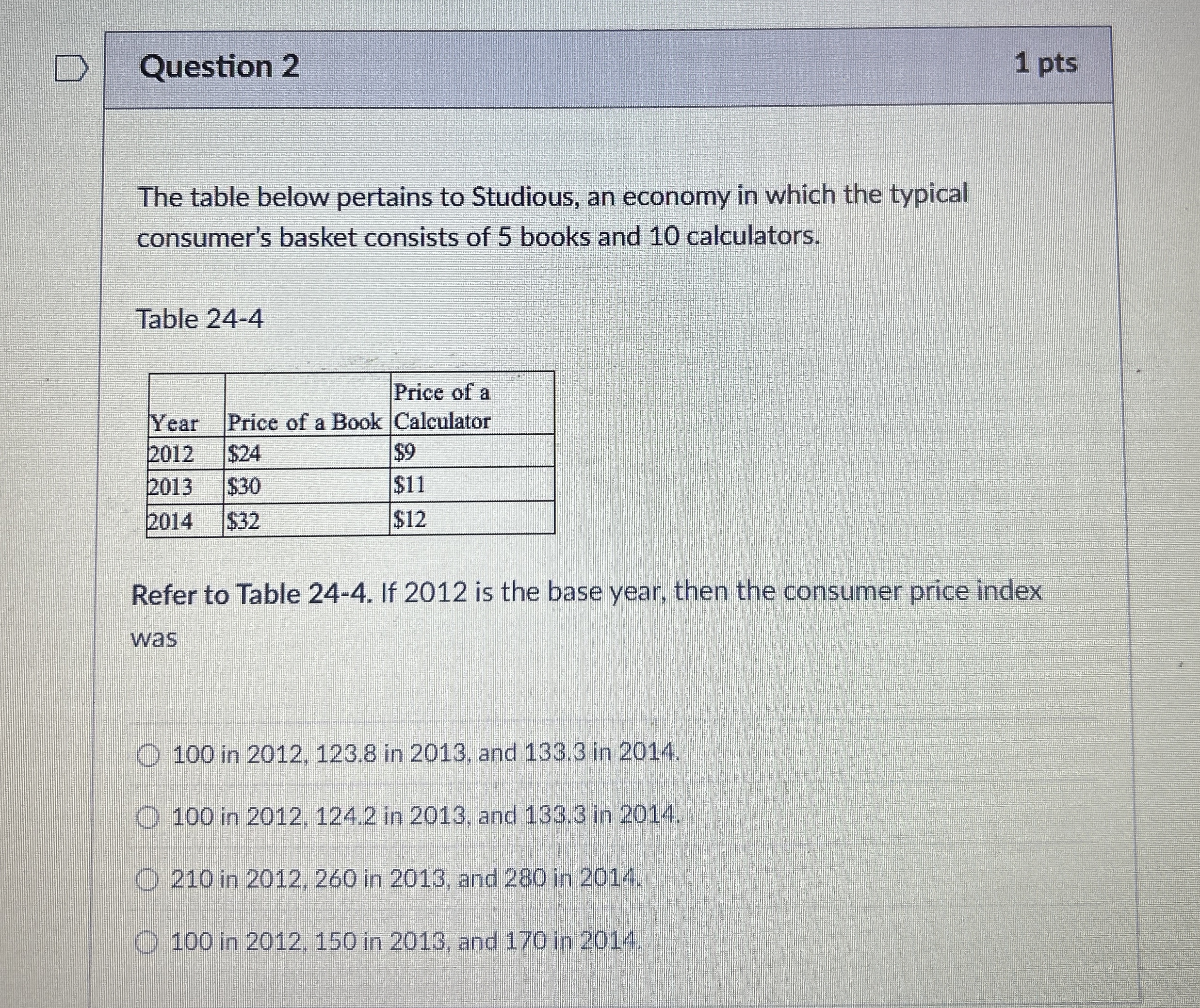 Question 2 1 pts The table below pertains to