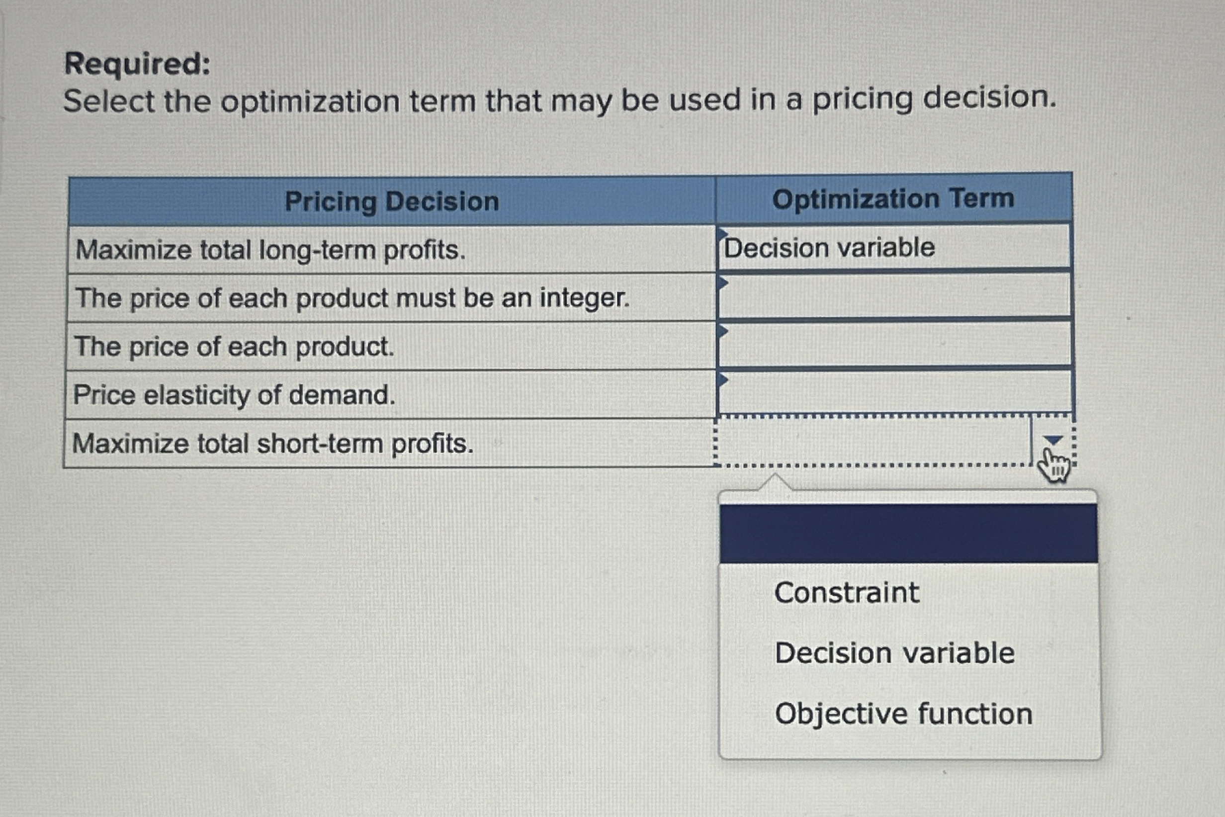 Required: Select the optimization term that may