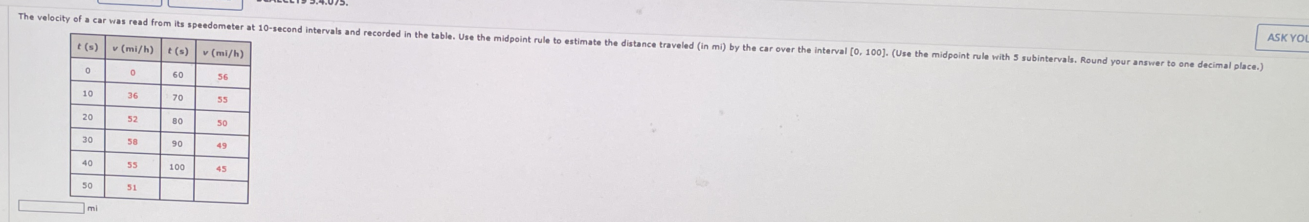 \ table [ [ t ( s ) , v ( m i h ) , t ( s ) , v (