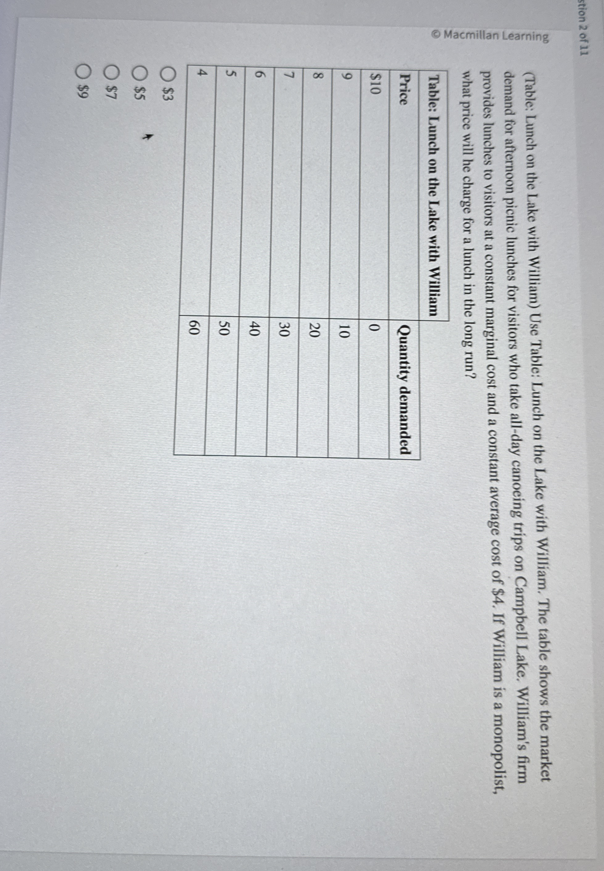 stion 2 of 1 1 ( Table: Lunch on the Lake with
