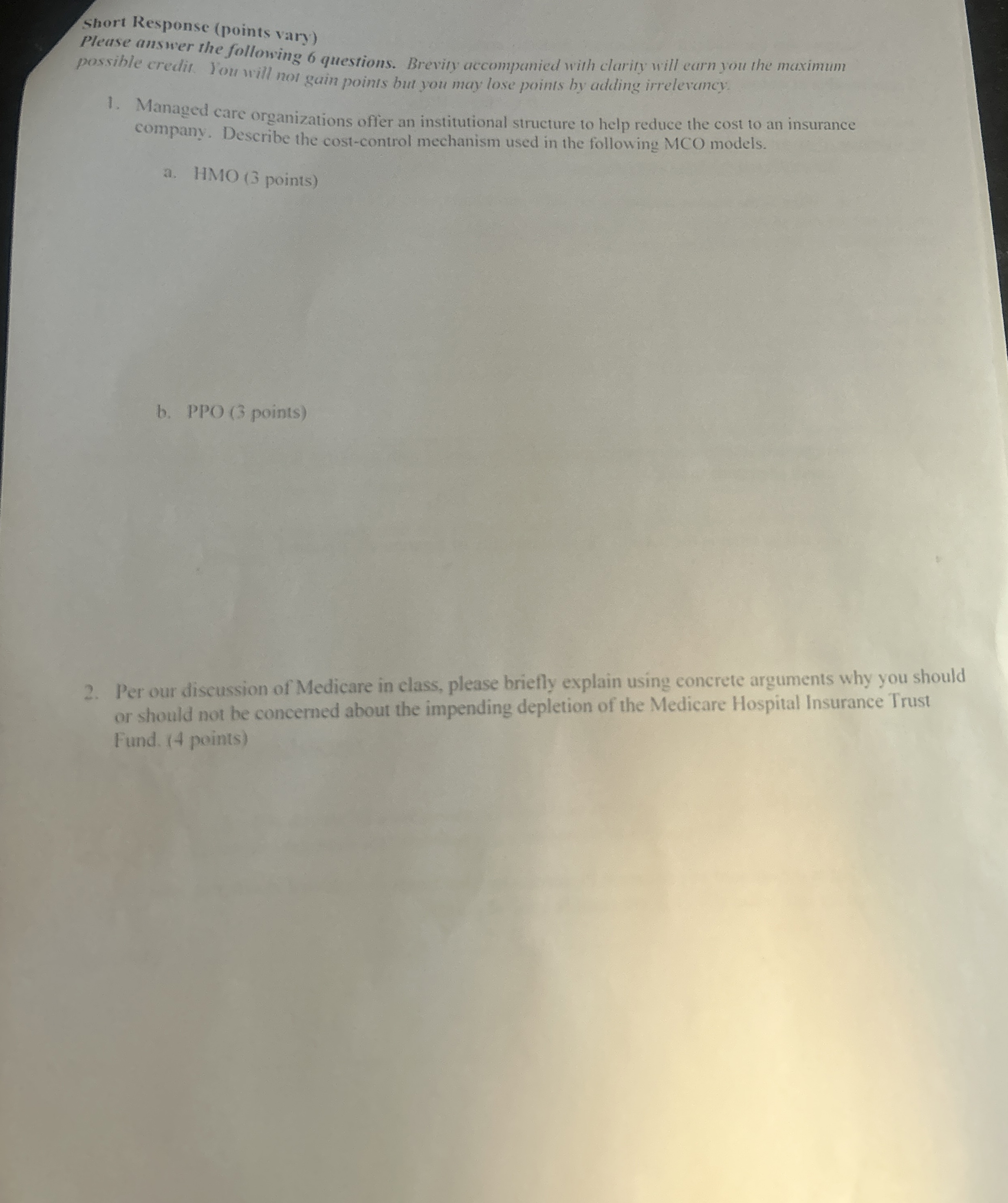 Short Response ( points vary ) Please answer the