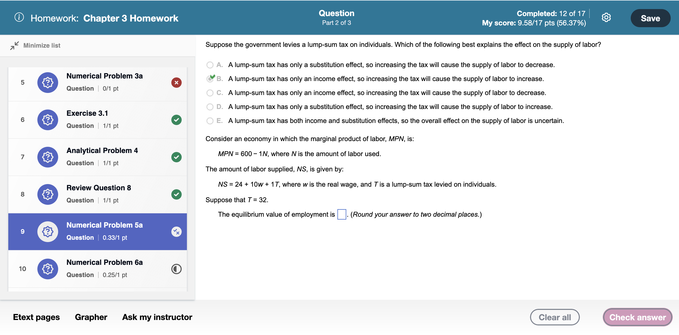 M P N = 4 . 5 K 0 . 5 N 0 . 5 . The labor supply