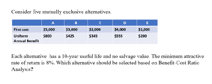 Consider five mutually exclusive alternatives.