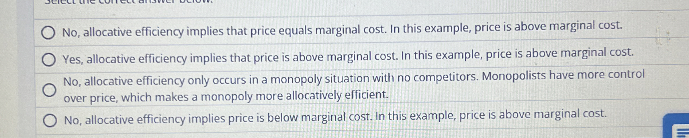 No , allocative efficiency implies that price