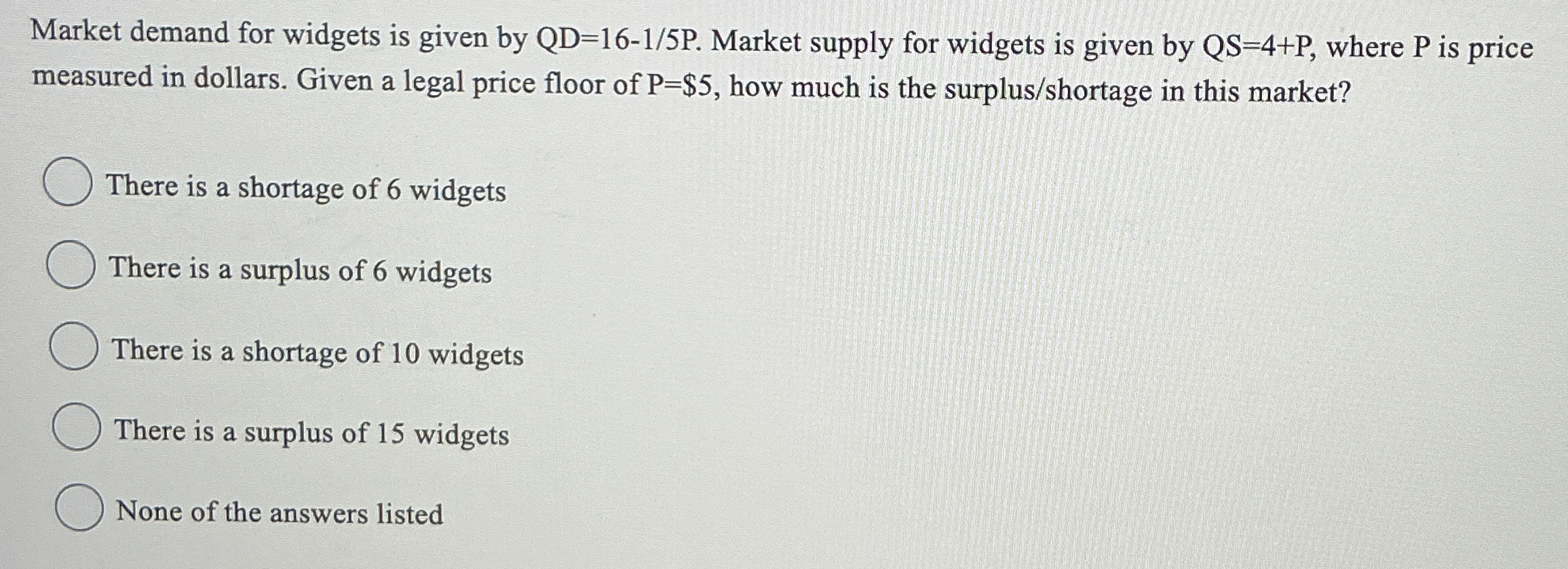 Market demand for widgets is given by Q D = 1 6 -