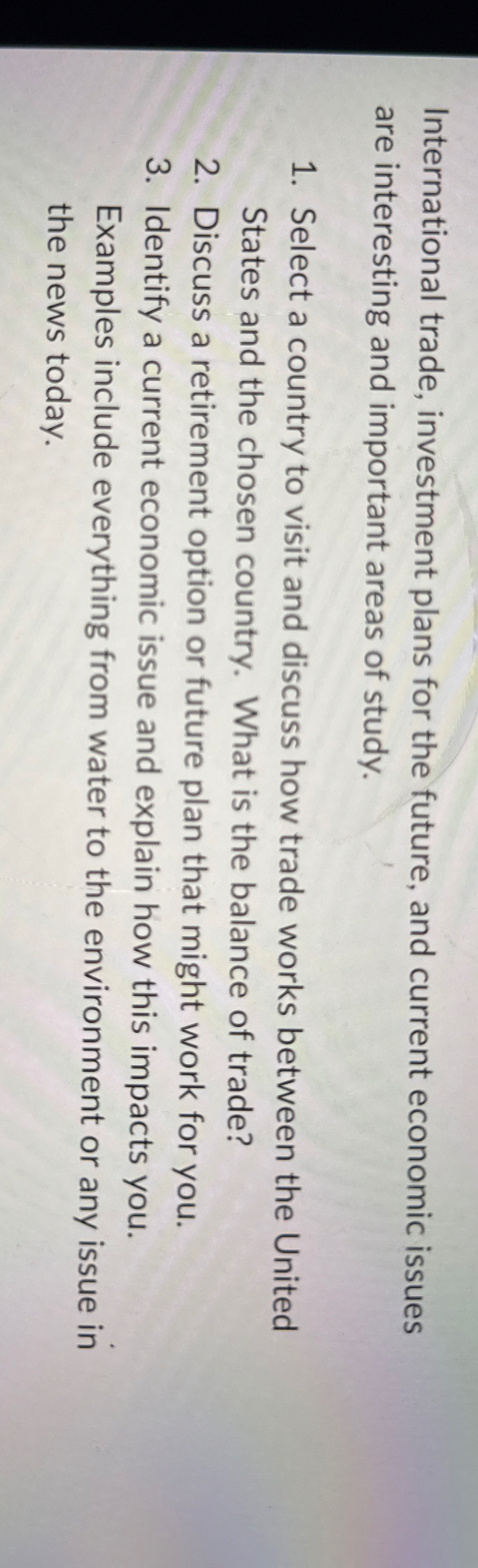 International trade, investment plans for the