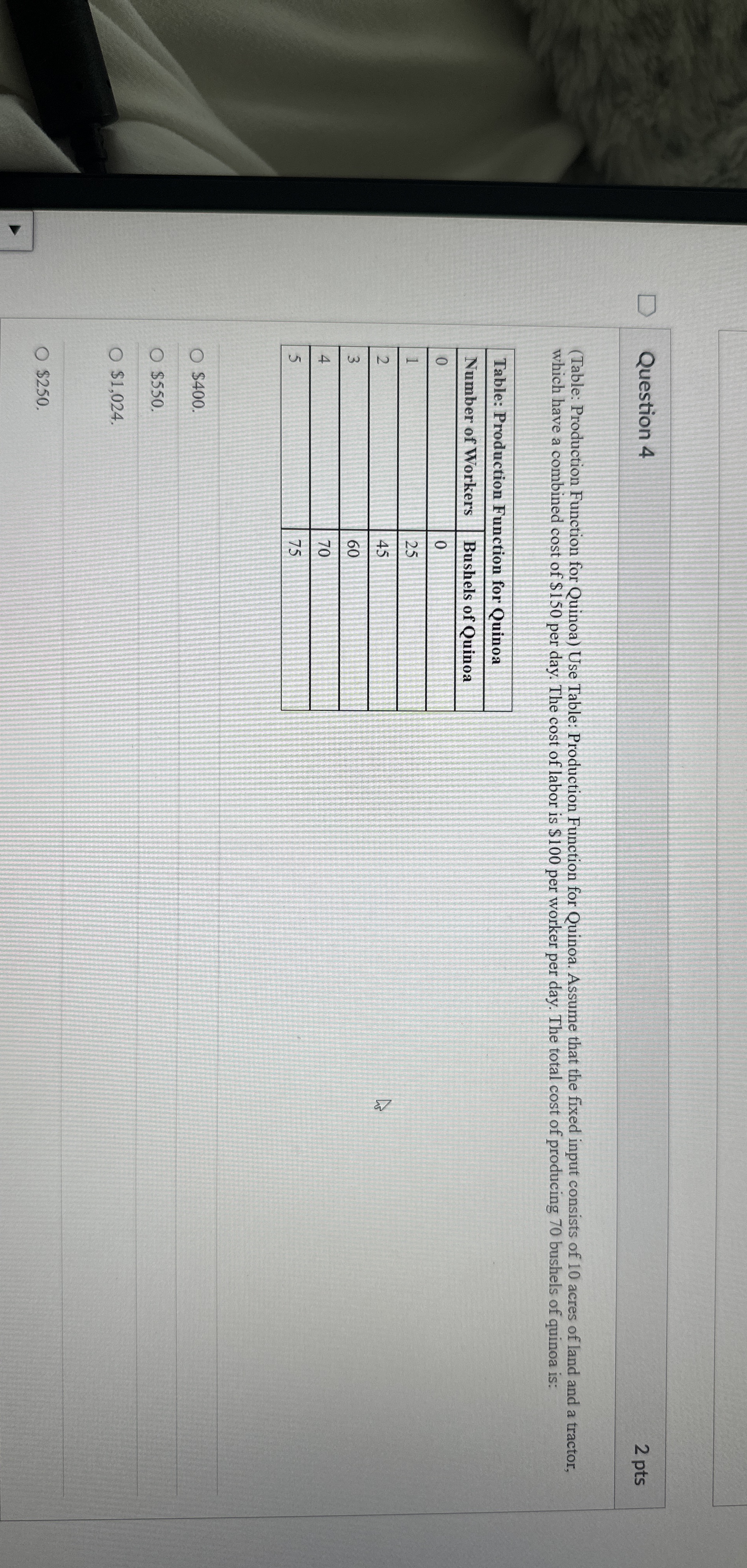 Question 4 2 pts ( Table: Production Function for