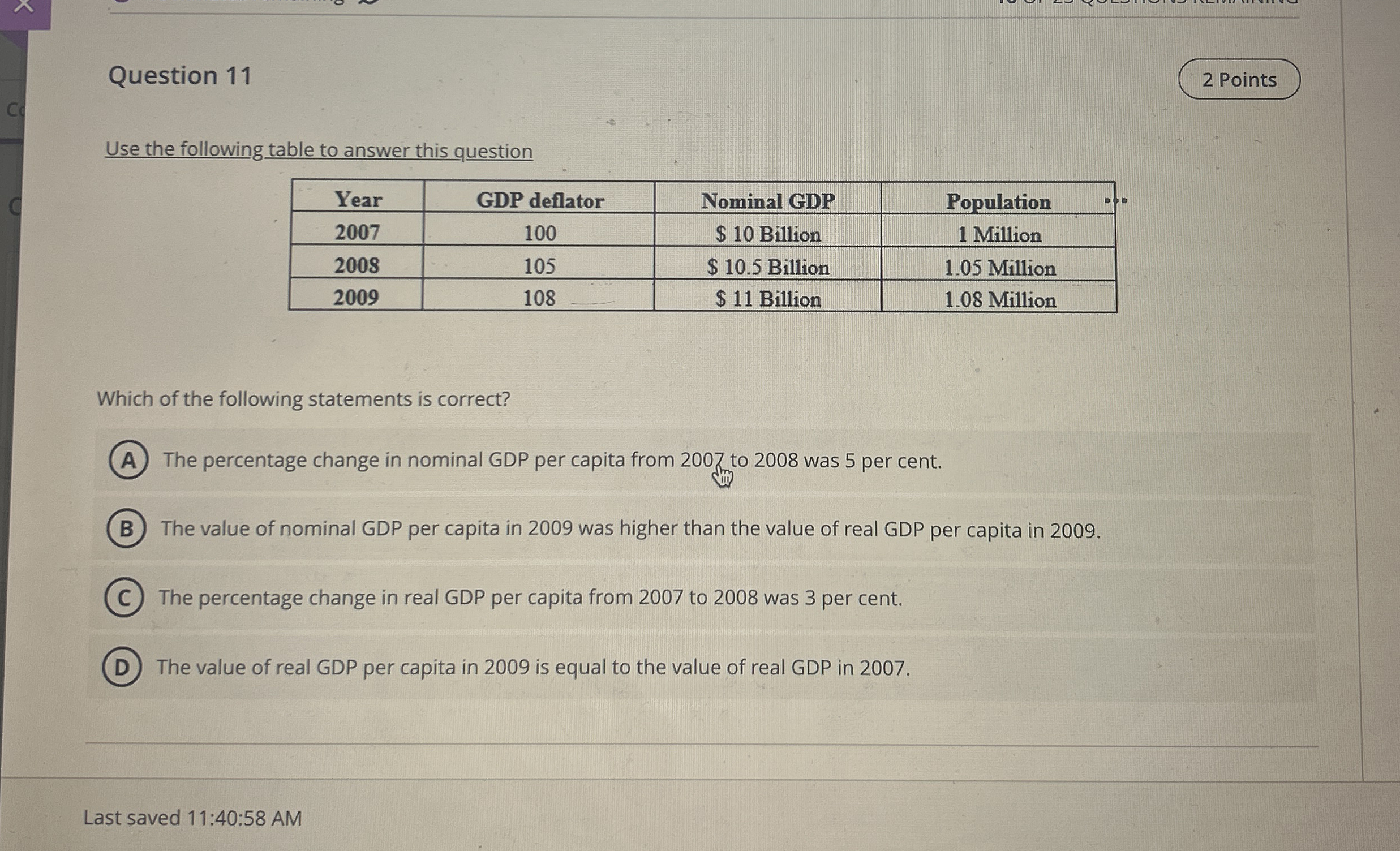 Question 1 1 2 Points Use the following table to