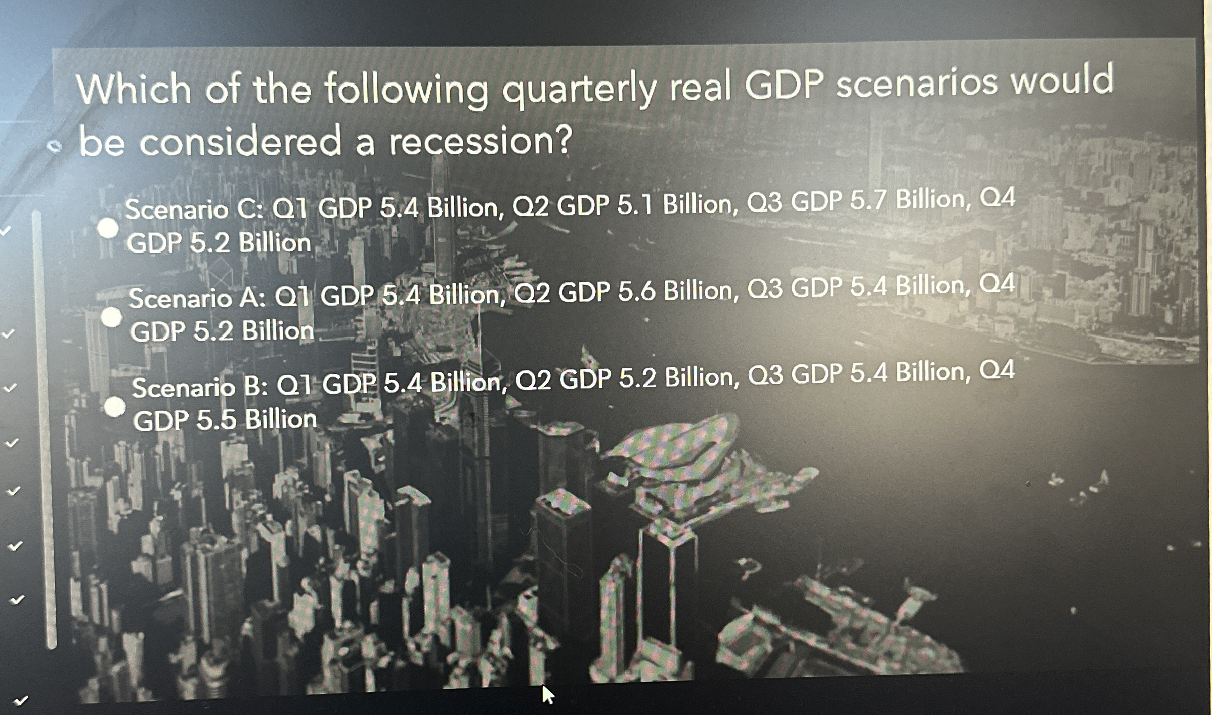 Consider the formula: GDP = C + I + G + ( x - M )
