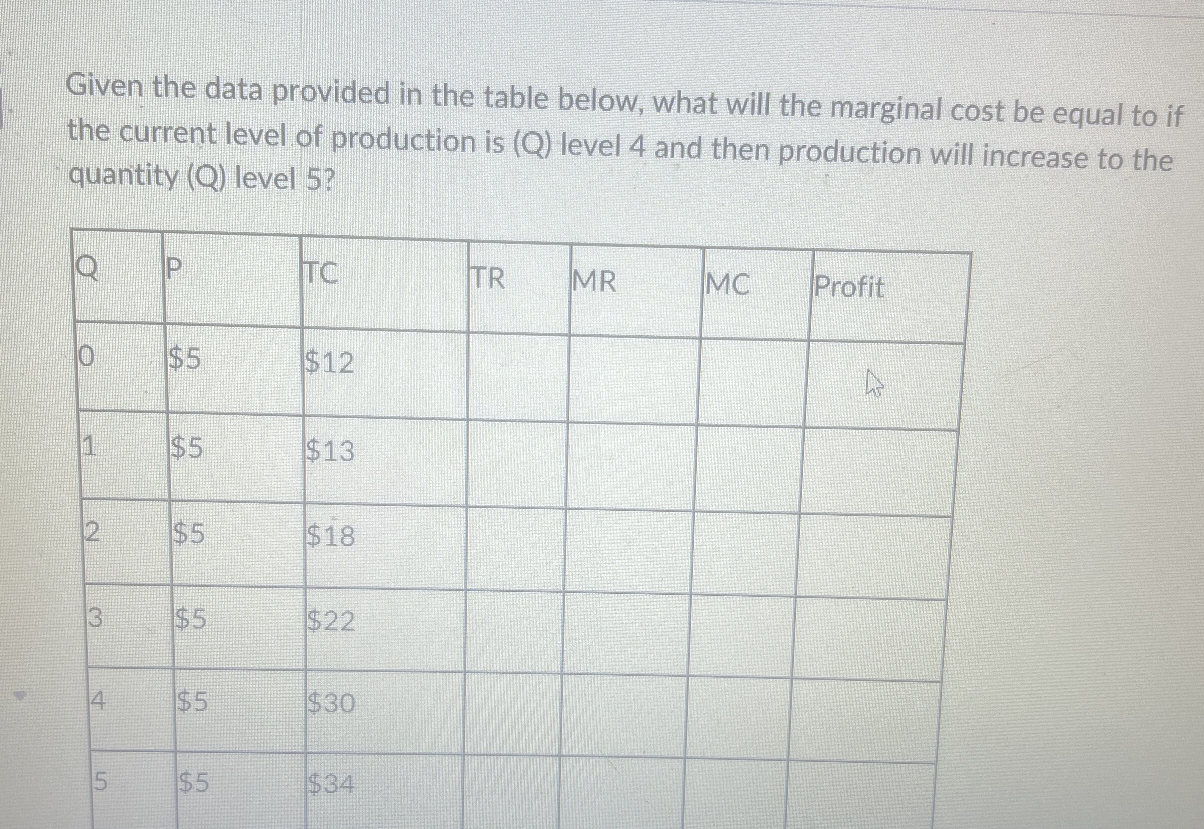 Given the data provided in the table below, what