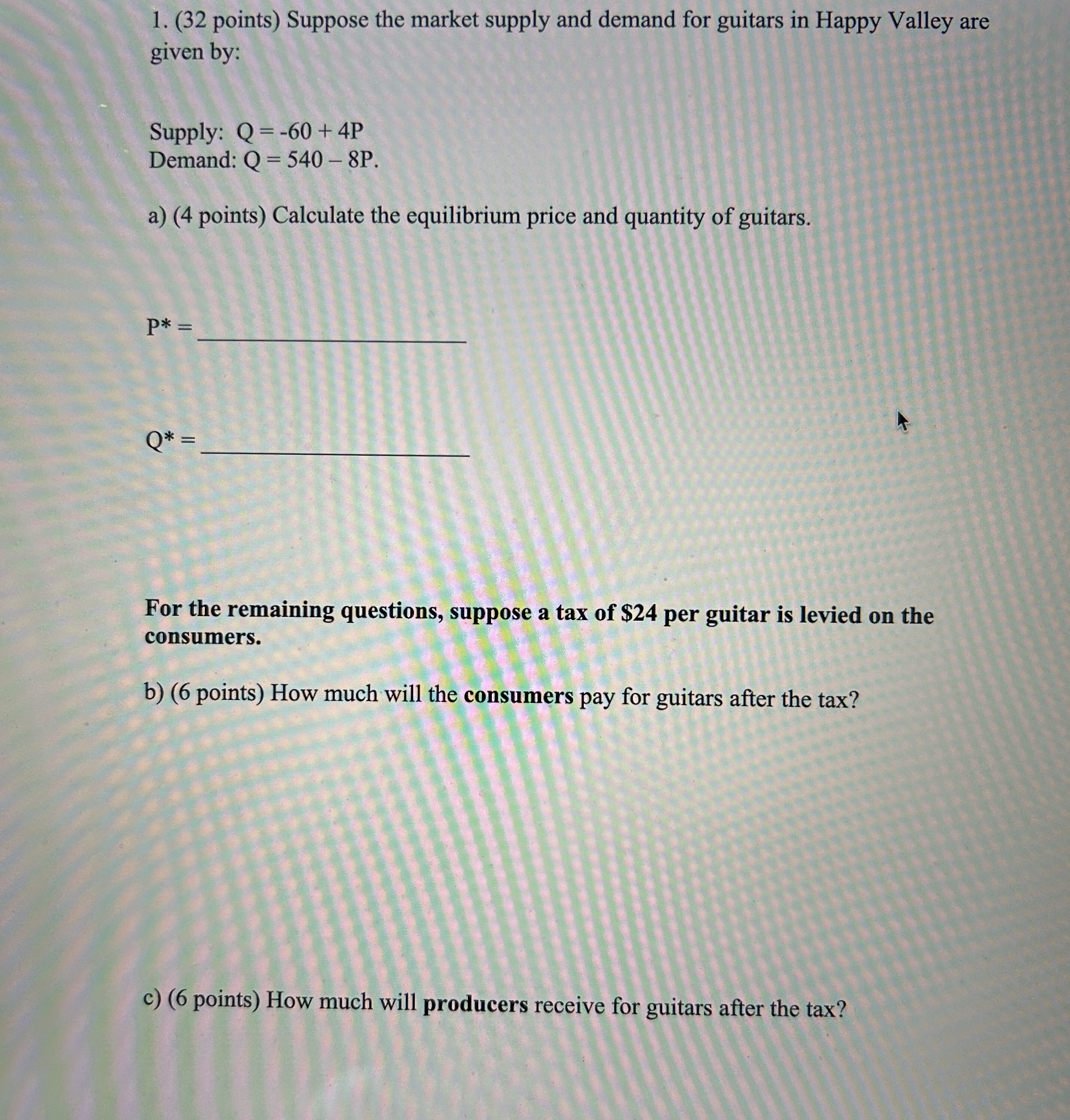 1 . ( 3 2 points ) Suppose the market supply and