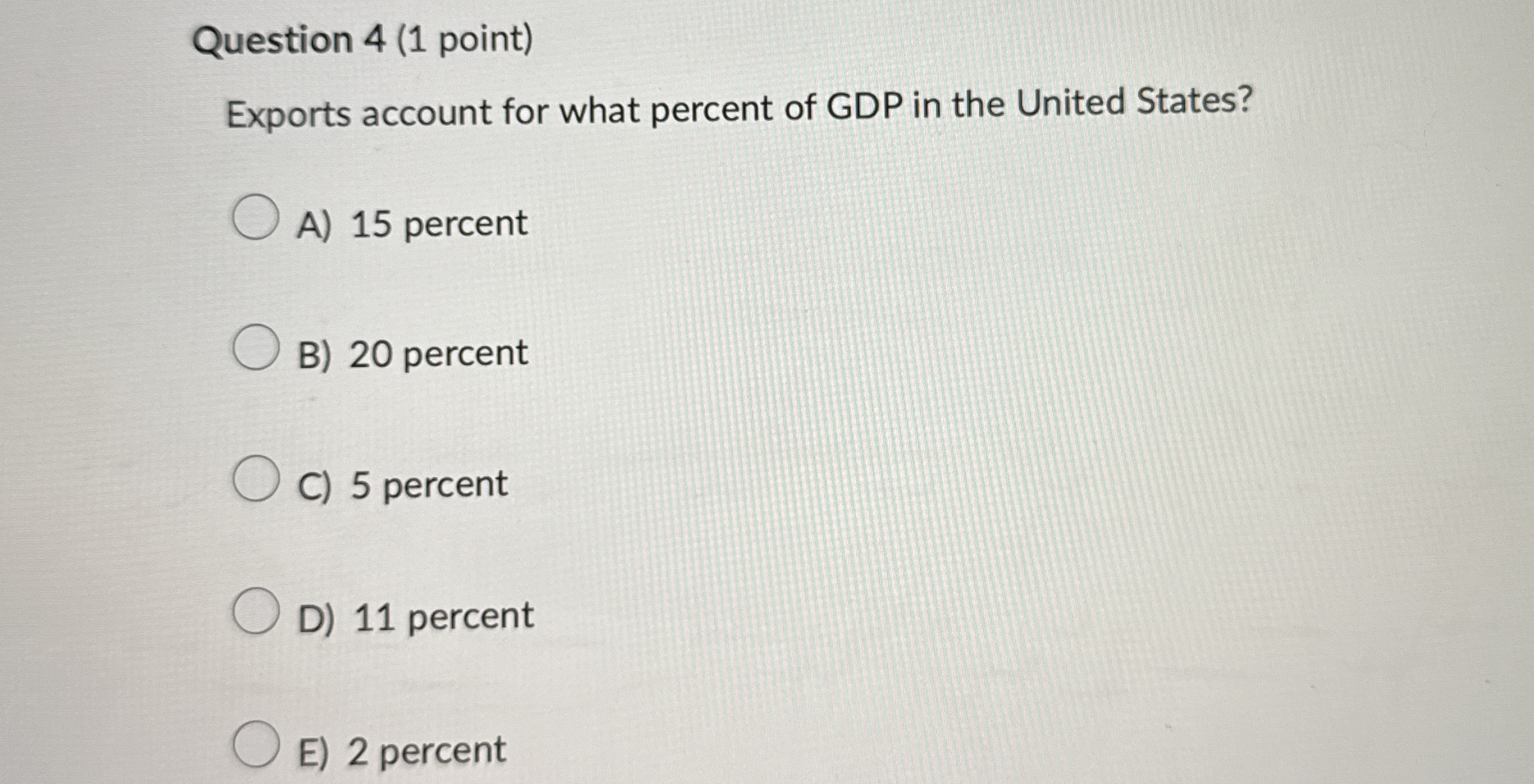 Question 4 ( 1 point ) Exports account for what