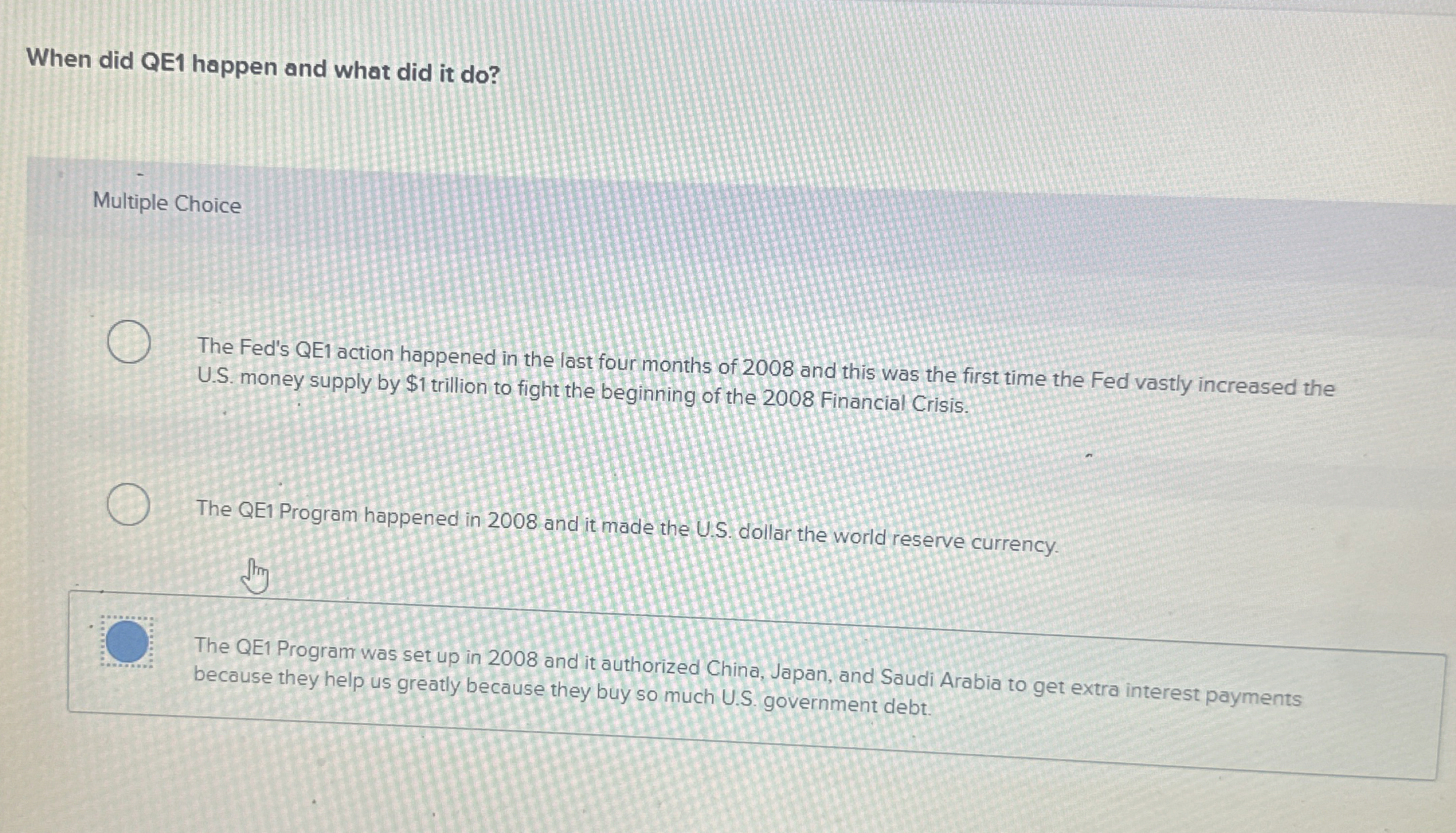 When did QE 1 happen and what did it do ?