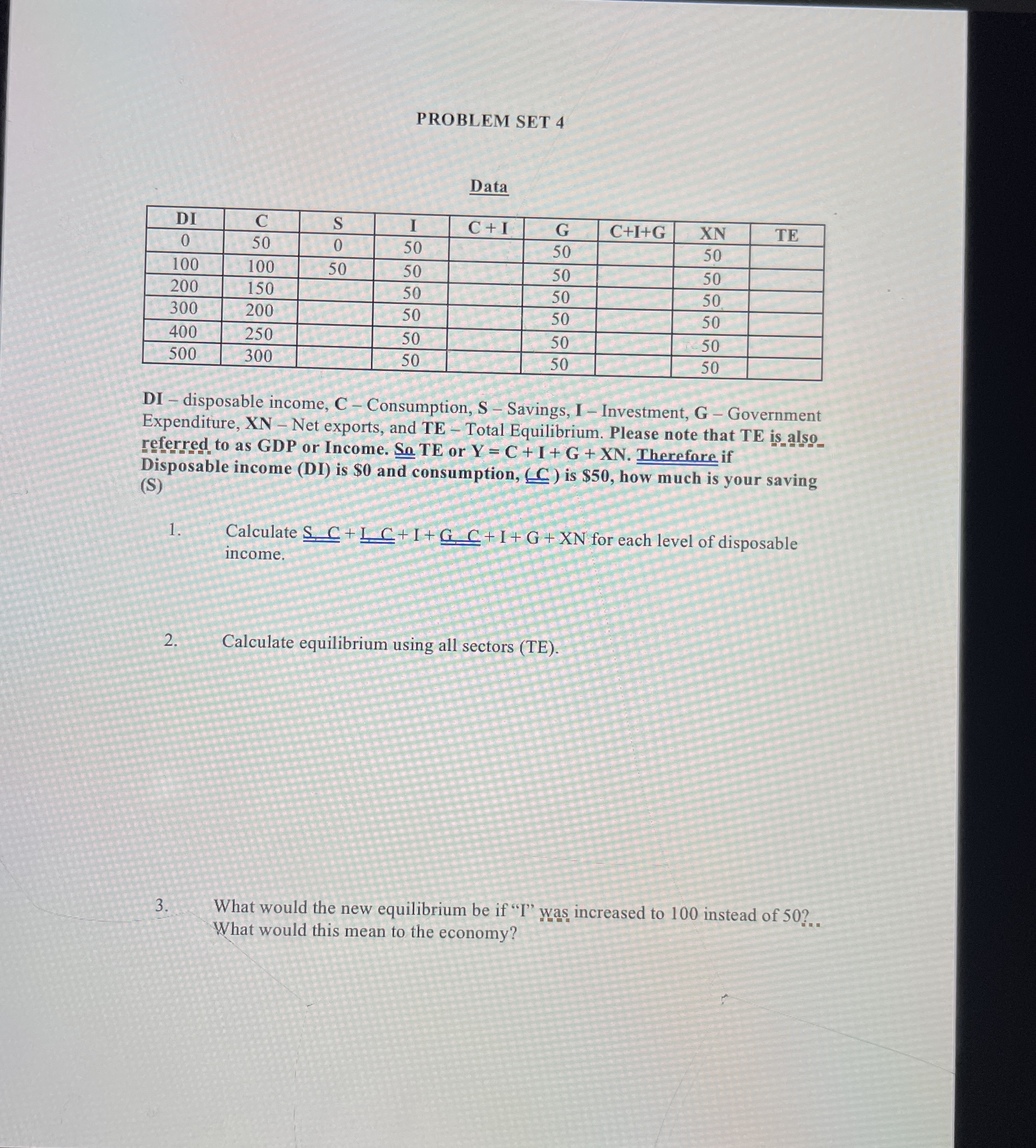 PROBLEM SET 4 Data \ table [ [ DI , C , S , I,C +