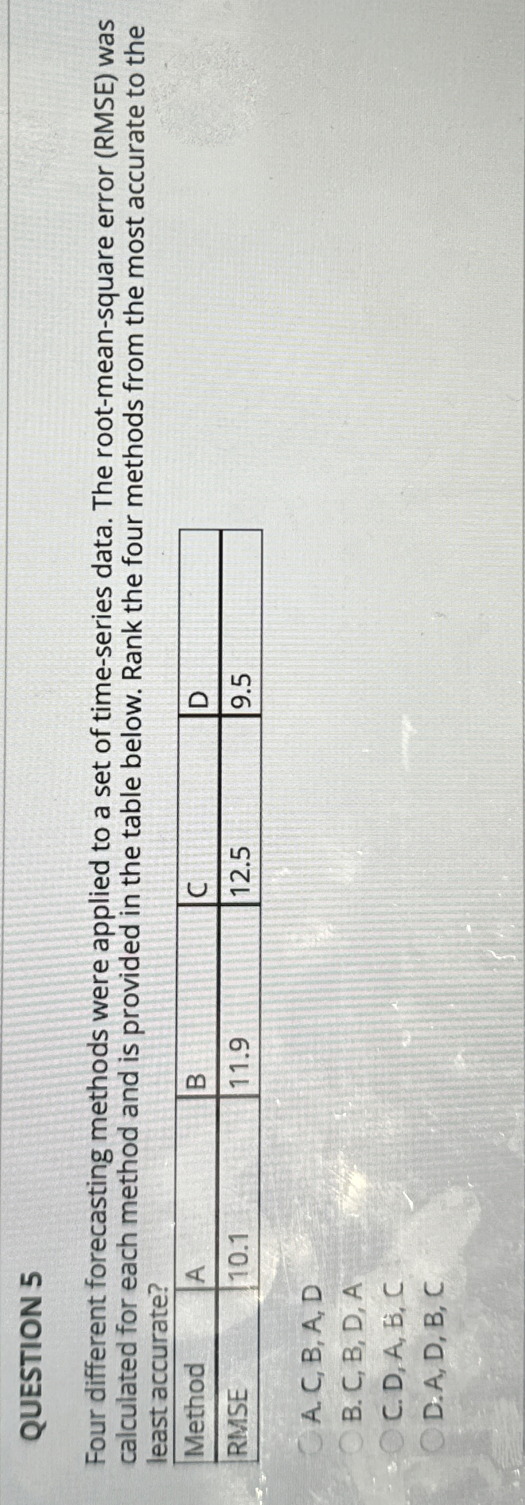 QUESTION 5 Four different forecasting methods