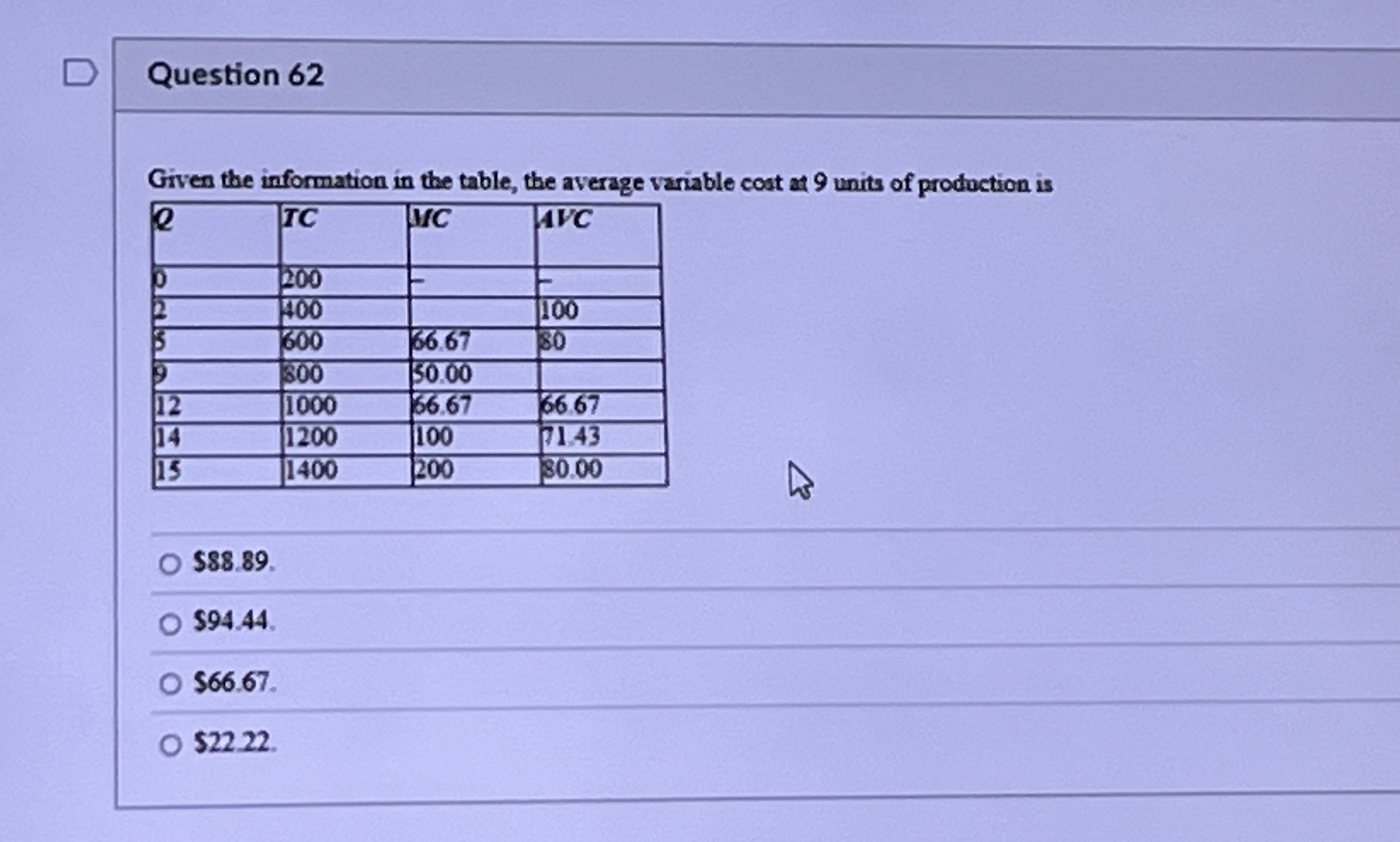Question 6 2 Given the information in the table,