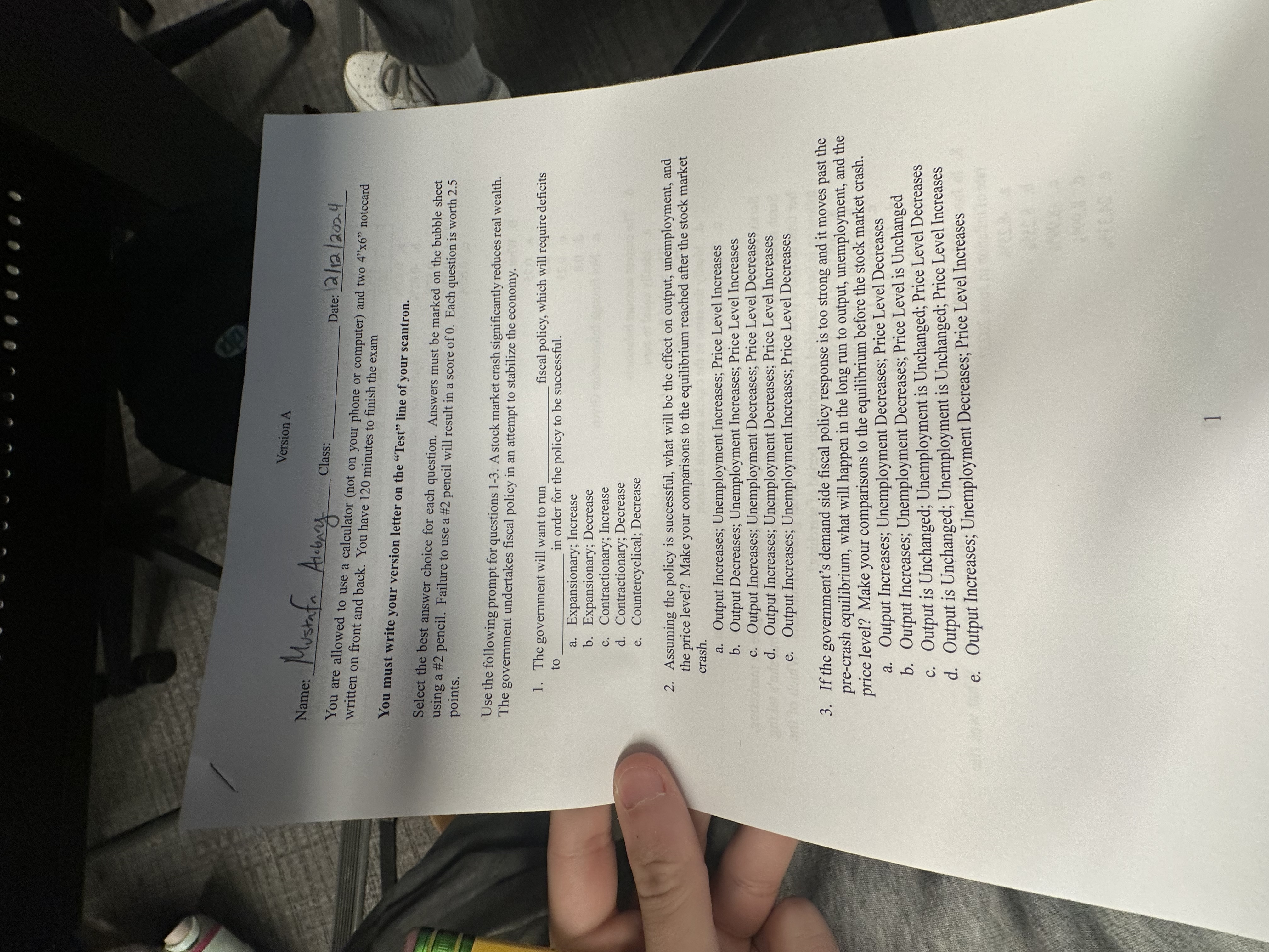 Version A Name: q , Class: q , Date: q , You are