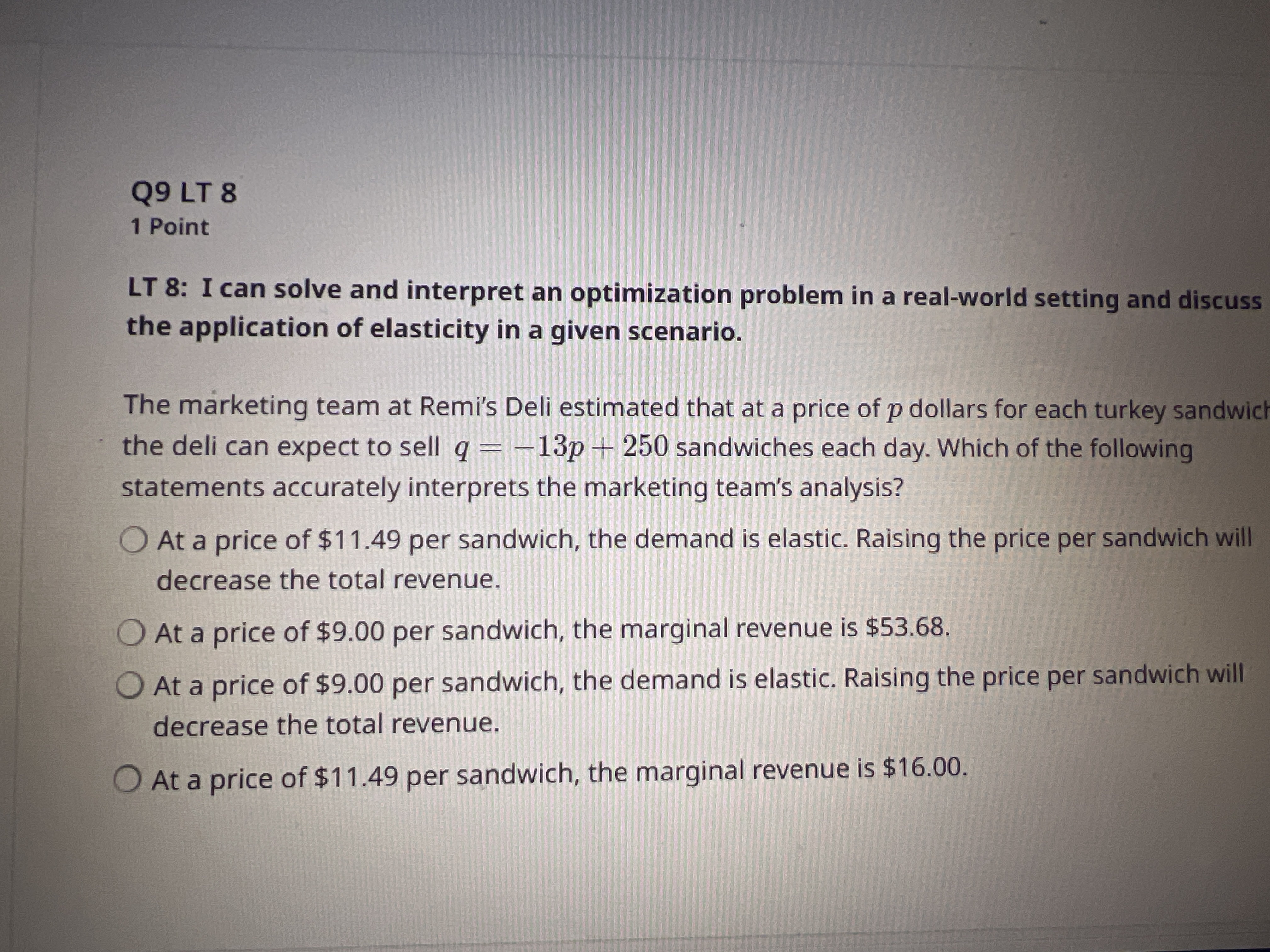 Q 9 LT 8 1 Point LT 8 : I can solve and interpret