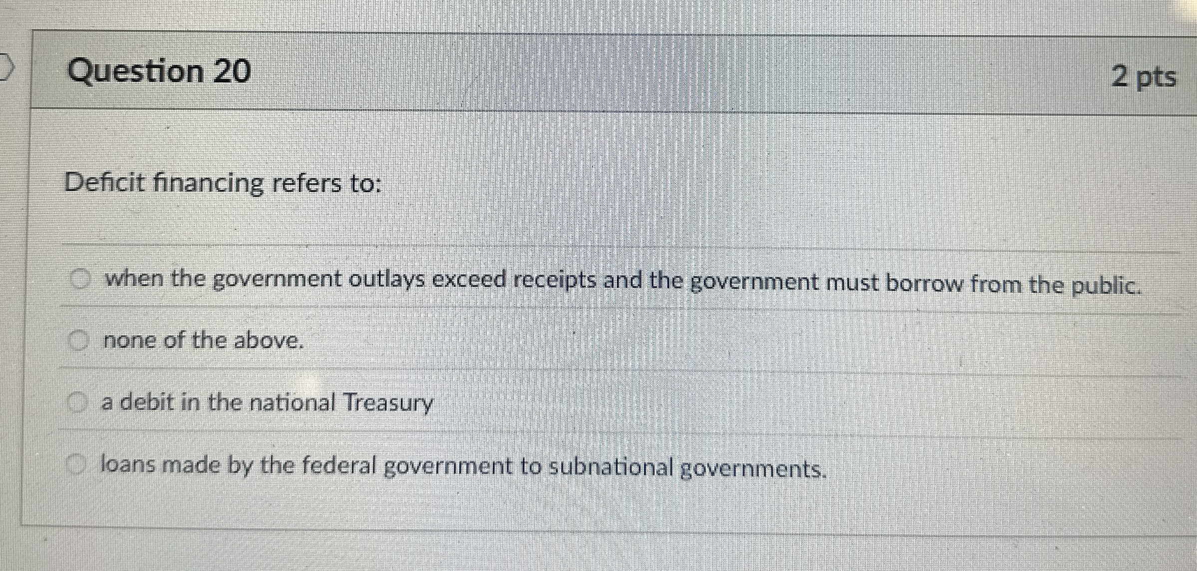 Question 2 0 2 pts Deficit financing refers to: