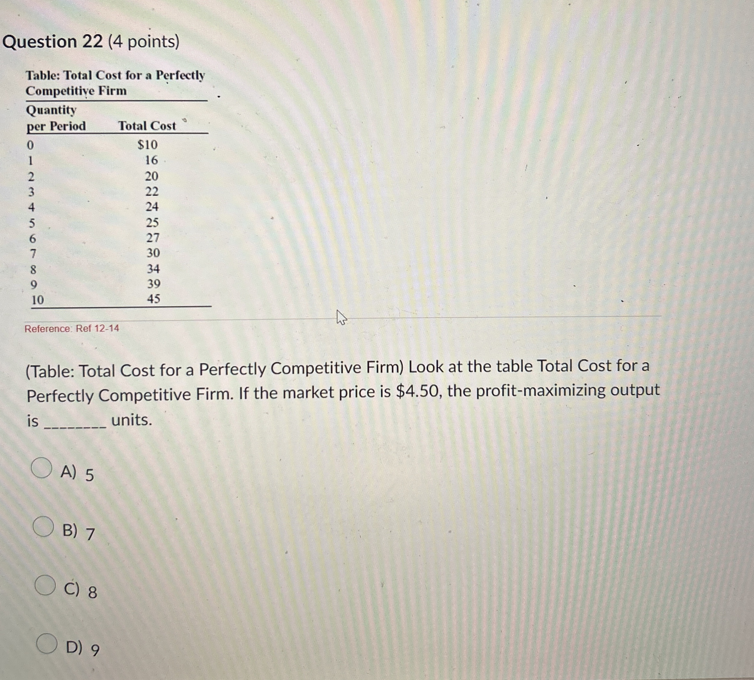 Question 2 2 ( 4 points ) Table: Total Cost for a