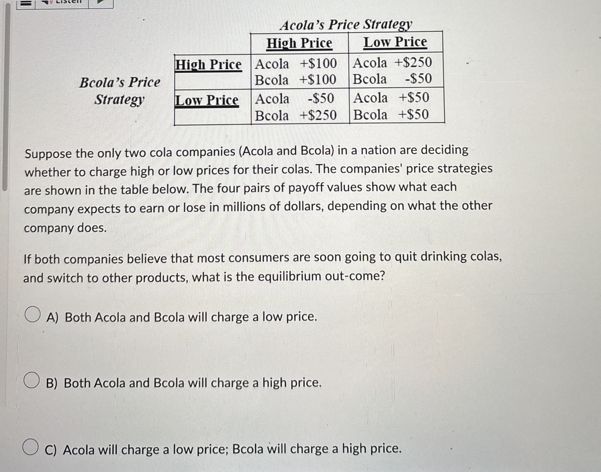 Bcola's Price Strategy \ table [ [ , Acola's