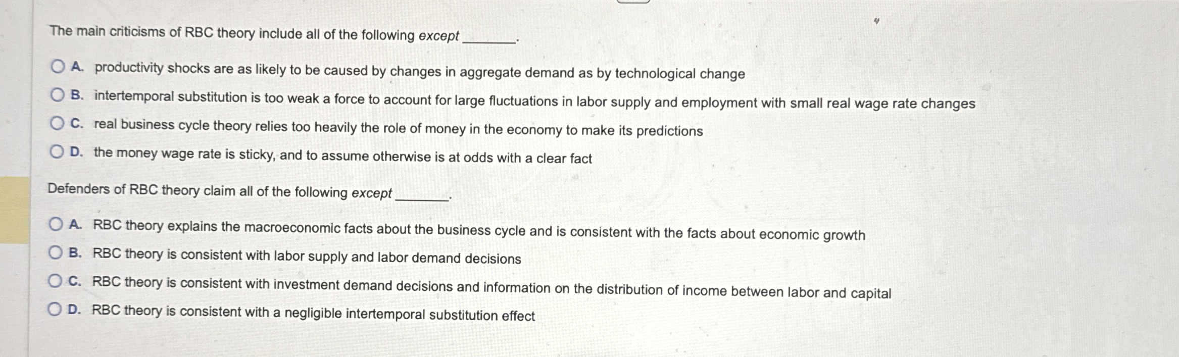 The main criticisms of RBC theory include all of