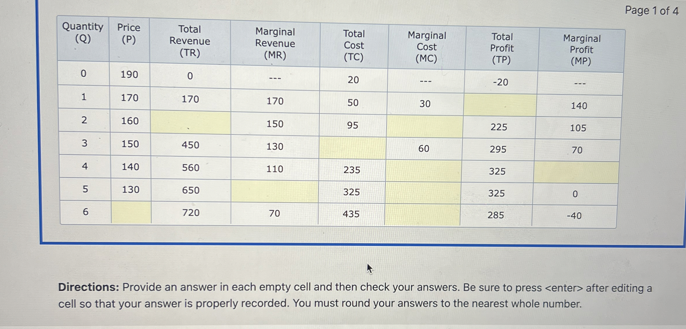 Page 1 of 4 \ table [ [ Quantity ( Q ) , Price (