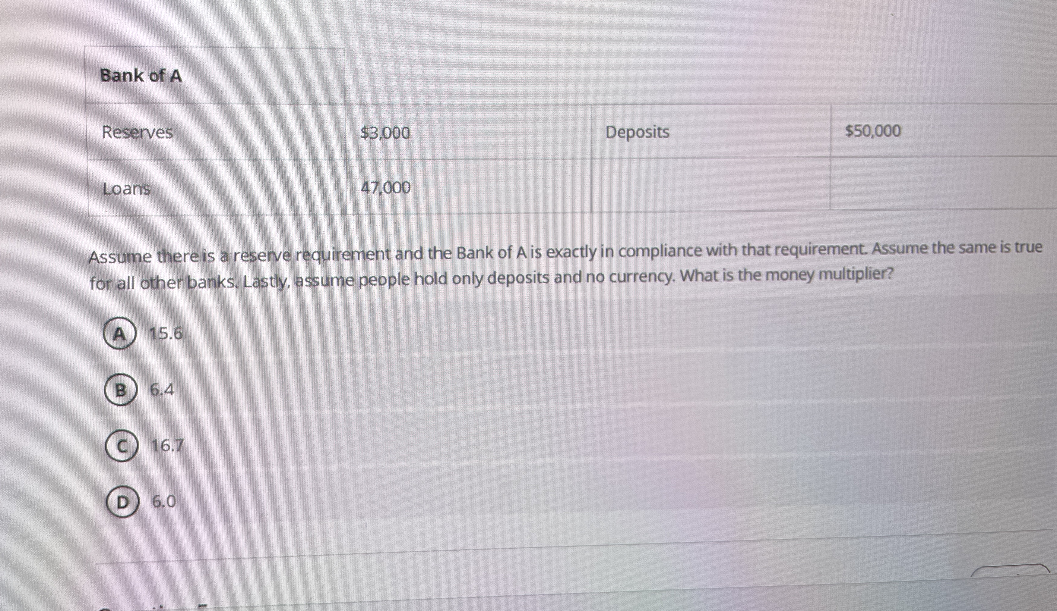 \ table [ [ Bank of A , , , ] , [ Reserves , $ 3
