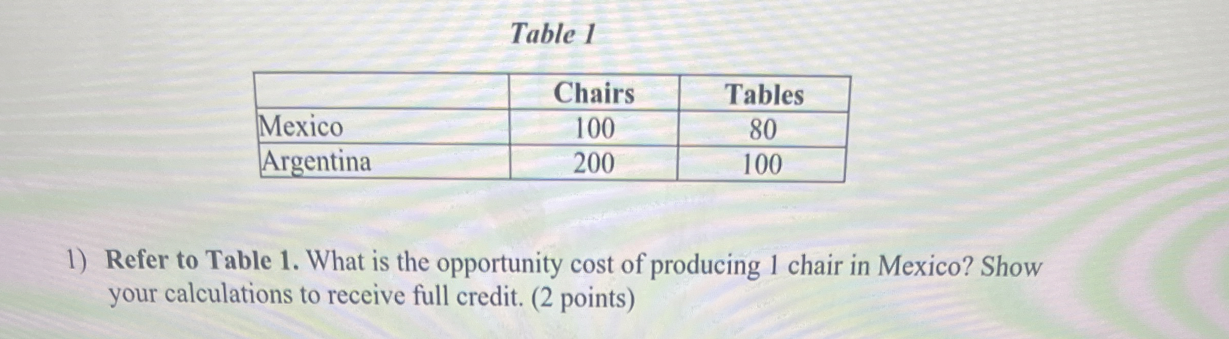 Table 1 \ table [ [ , Chairs,Tables ] , [ Mexico