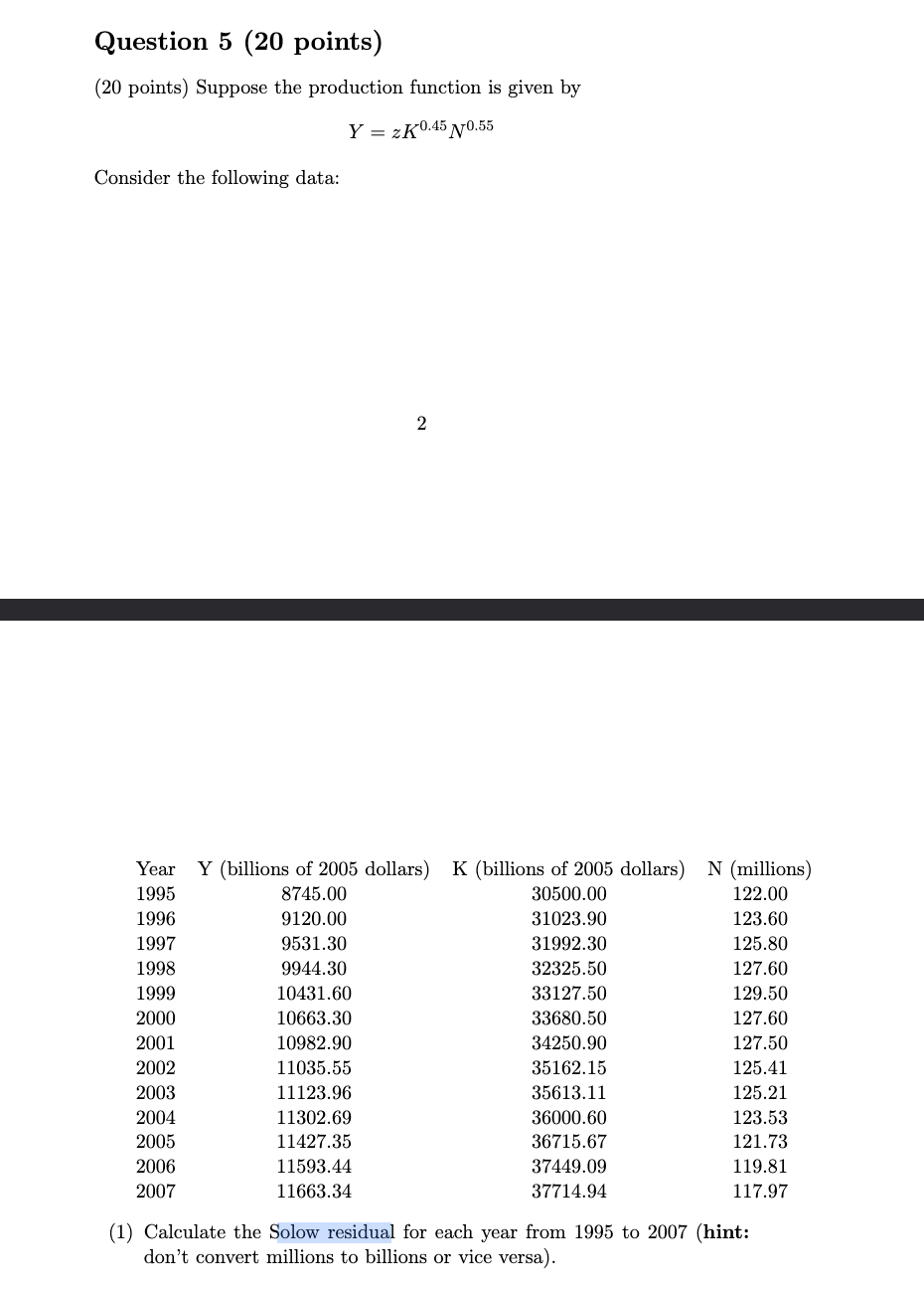 Question 5 ( 2 0 points ) ( 2 0 points ) Suppose
