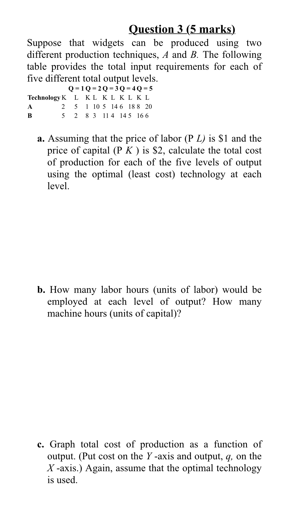 Question 3 ( 5 marks ) . Suppose that widgets can